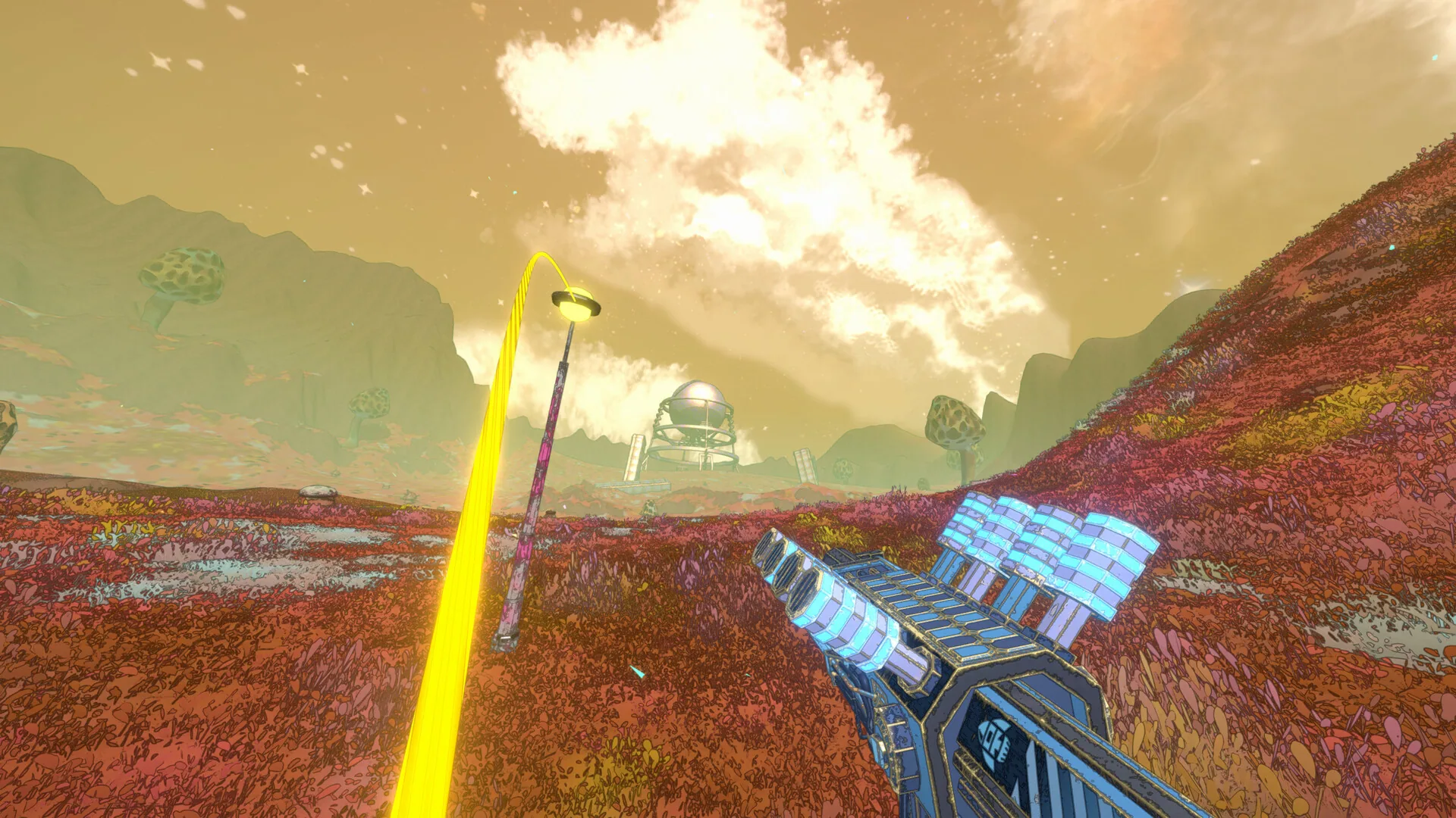 First person on red fungal ground: a blue gun, a yellow beam, and a domed outpost ahead.