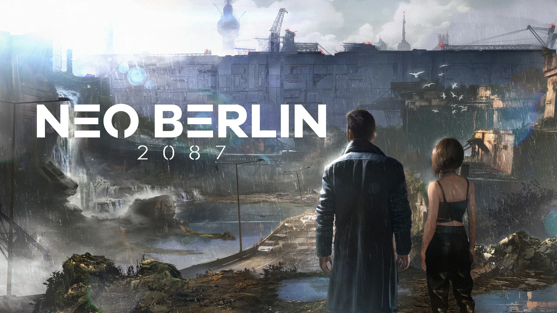 Nolan and Natalie face the industrial wall in the rain. Potsdamer Hbf lettering is visible on the structure.