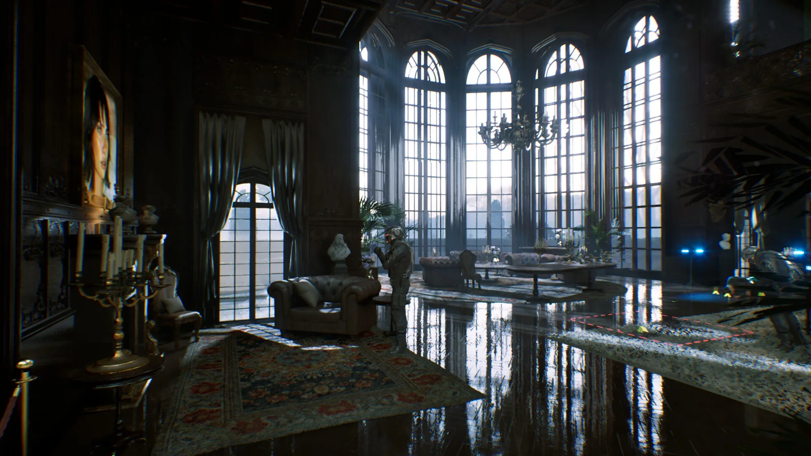 Luxury hall with tall windows and crime-scene tape.