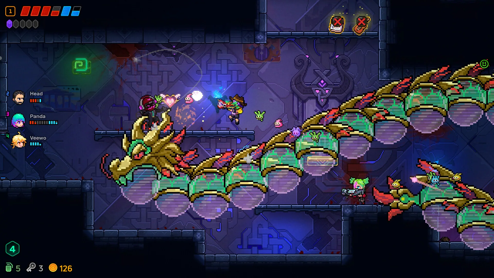 Neon Abyss 2 gameplay with several players fighting through a neon room.