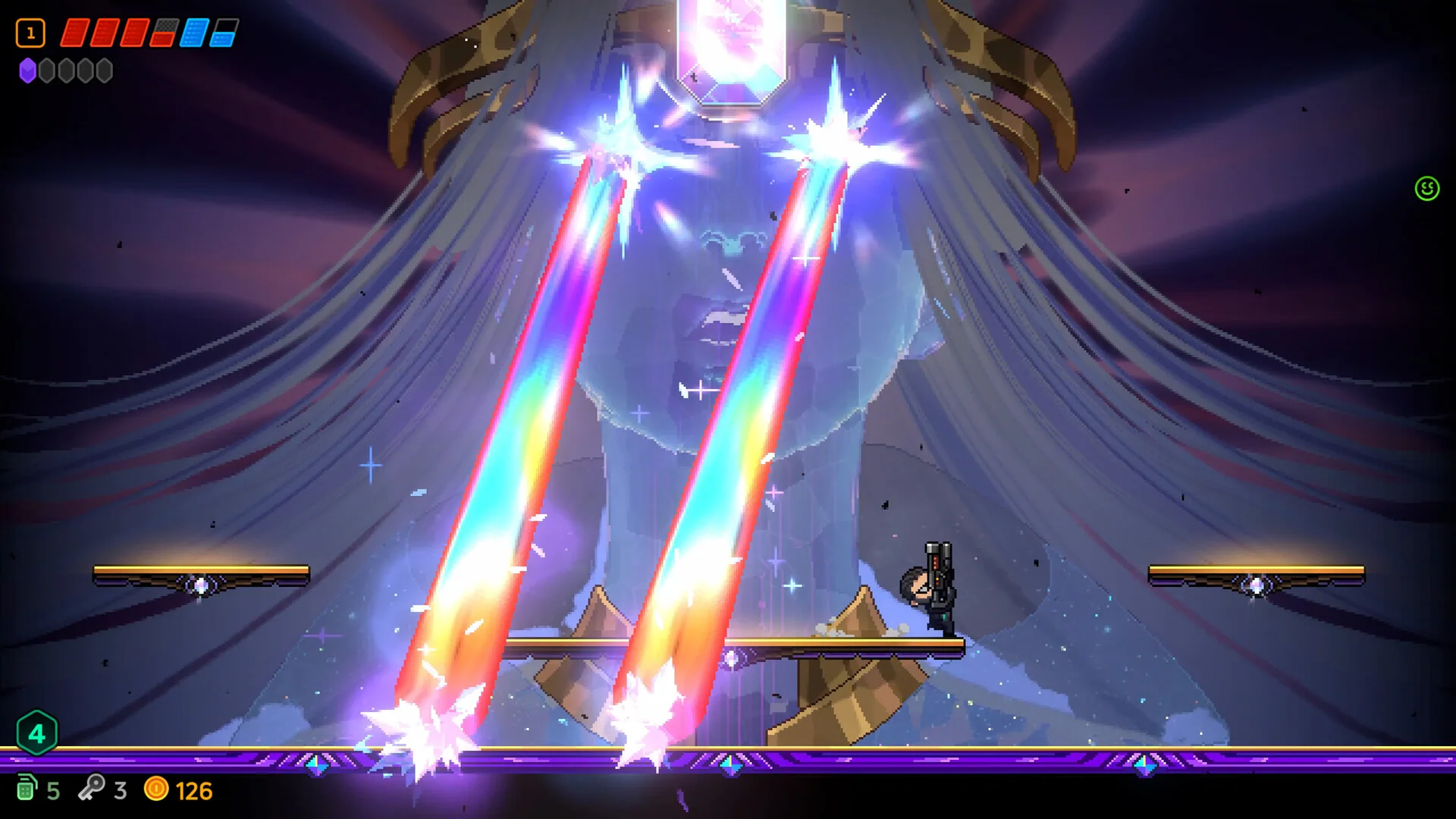Neon Abyss 2 gameplay with a rainbow beam crossing a boss arena.