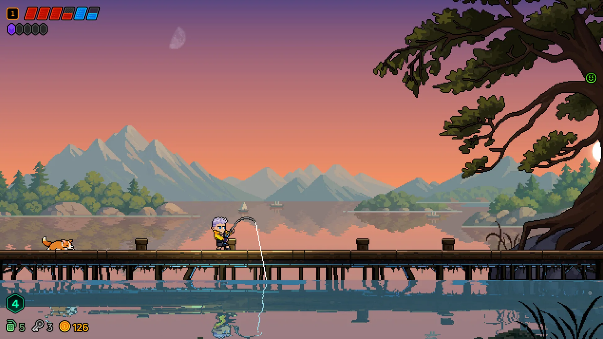 Neon Abyss 2 gameplay in a cool blue room beside water.