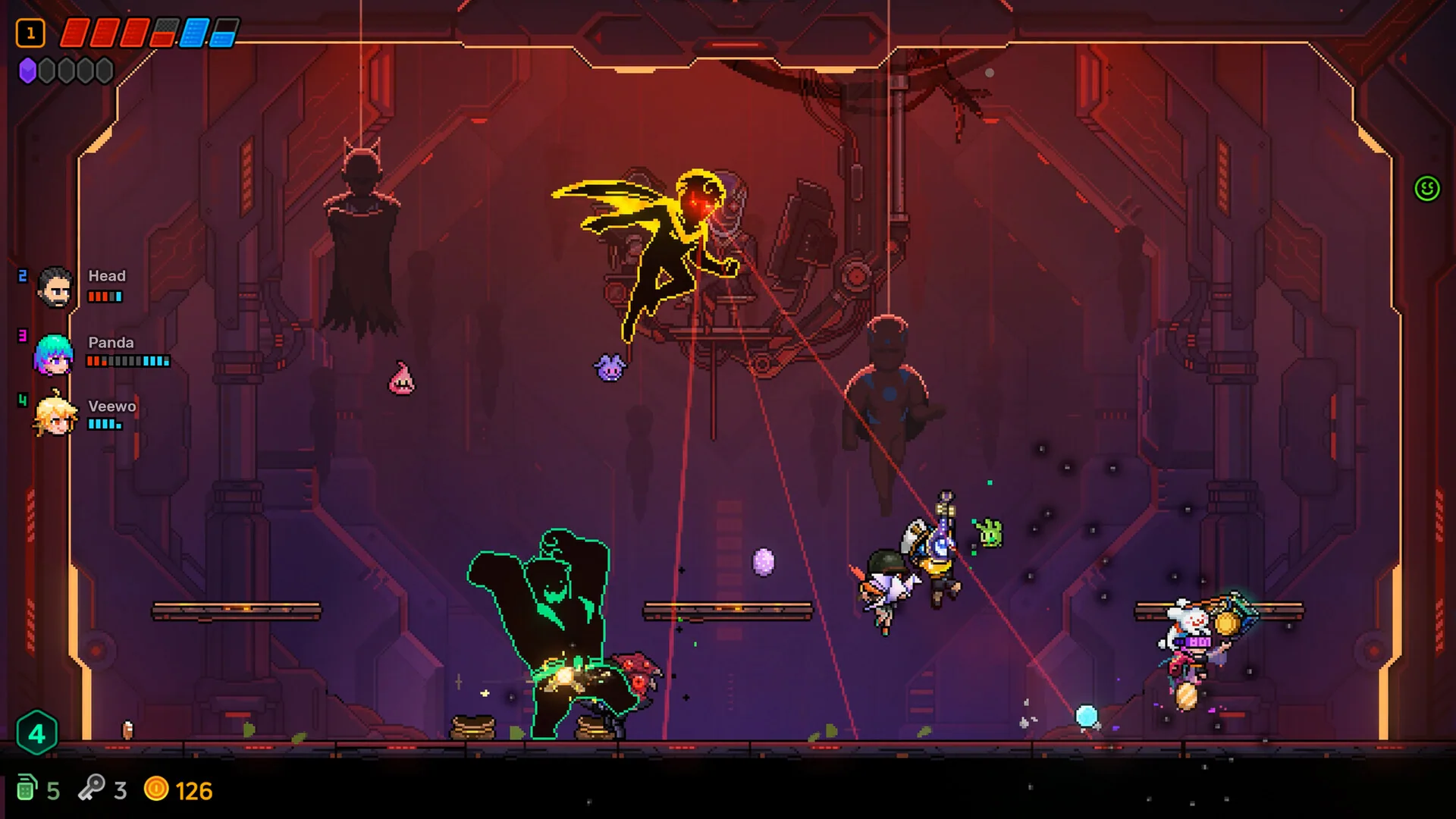 Neon Abyss 2 gameplay in a red-lit chamber with combat effects.