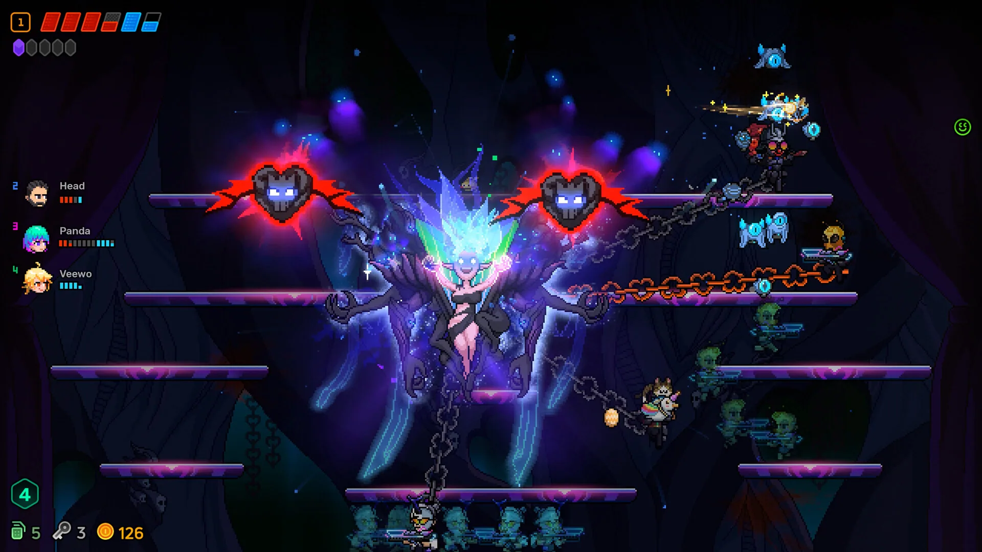 Neon Abyss 2 gameplay with a large boss encounter.