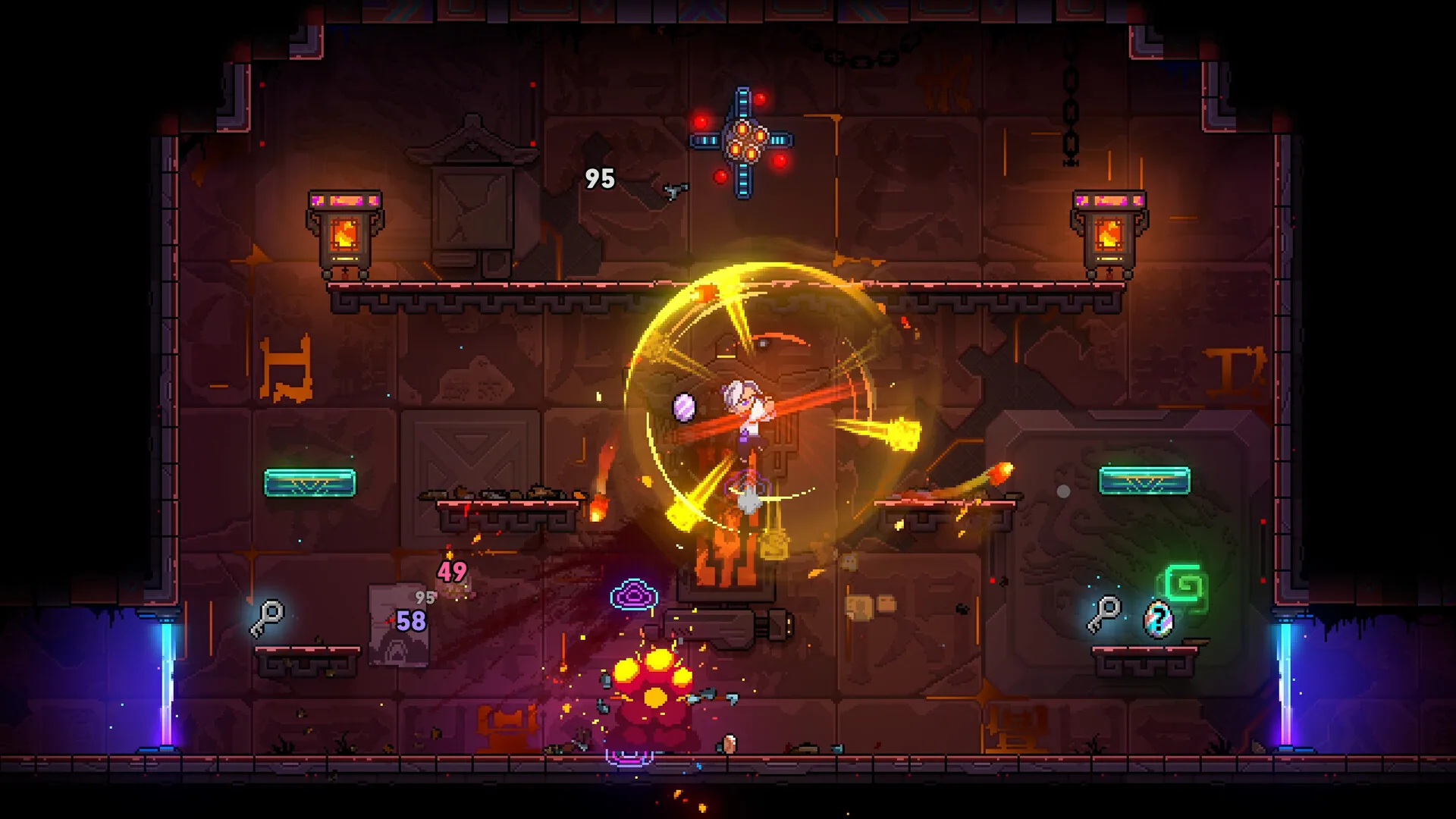 Neon Abyss 2 gameplay in a bright combat chamber.