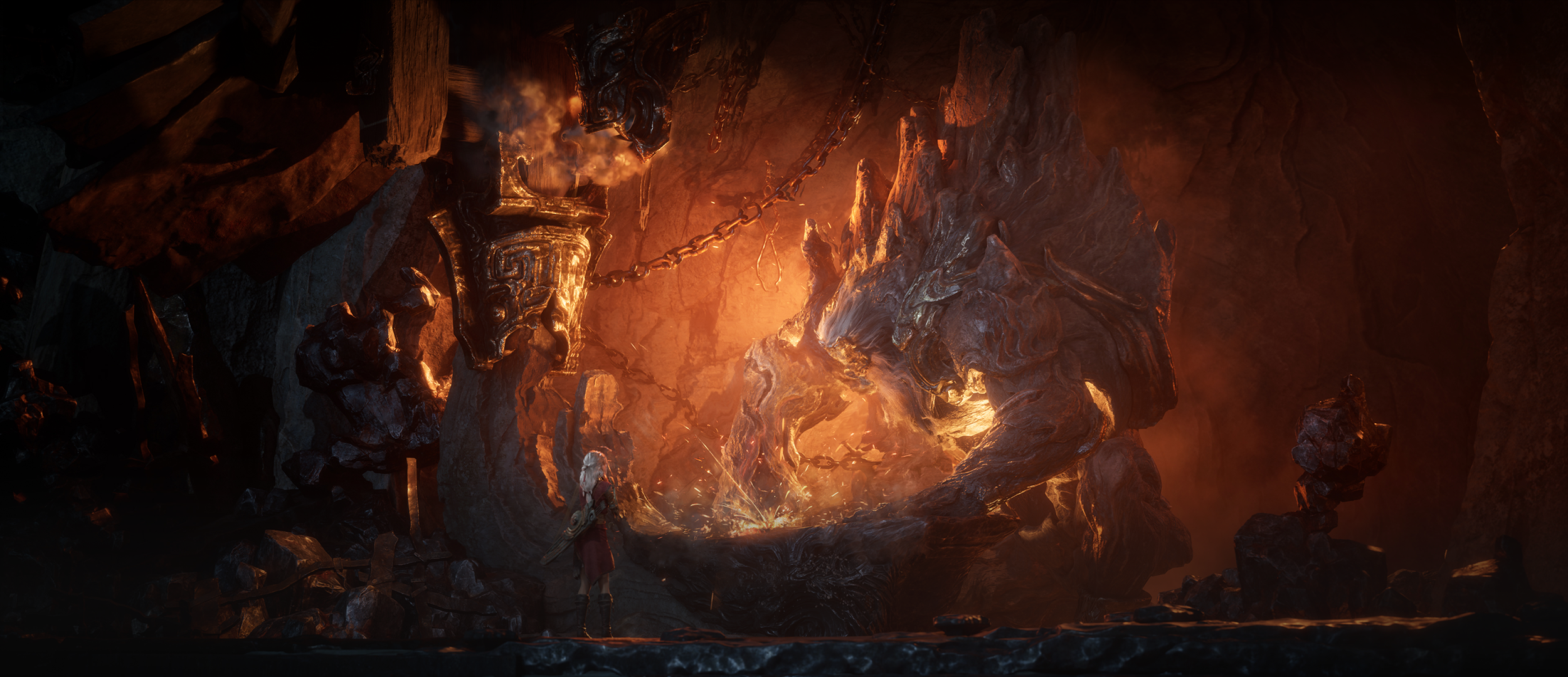 Official still of a Weaver in a chained cavern forge before a molten bound beast, used for Slay, Forge, Build, Evolve.