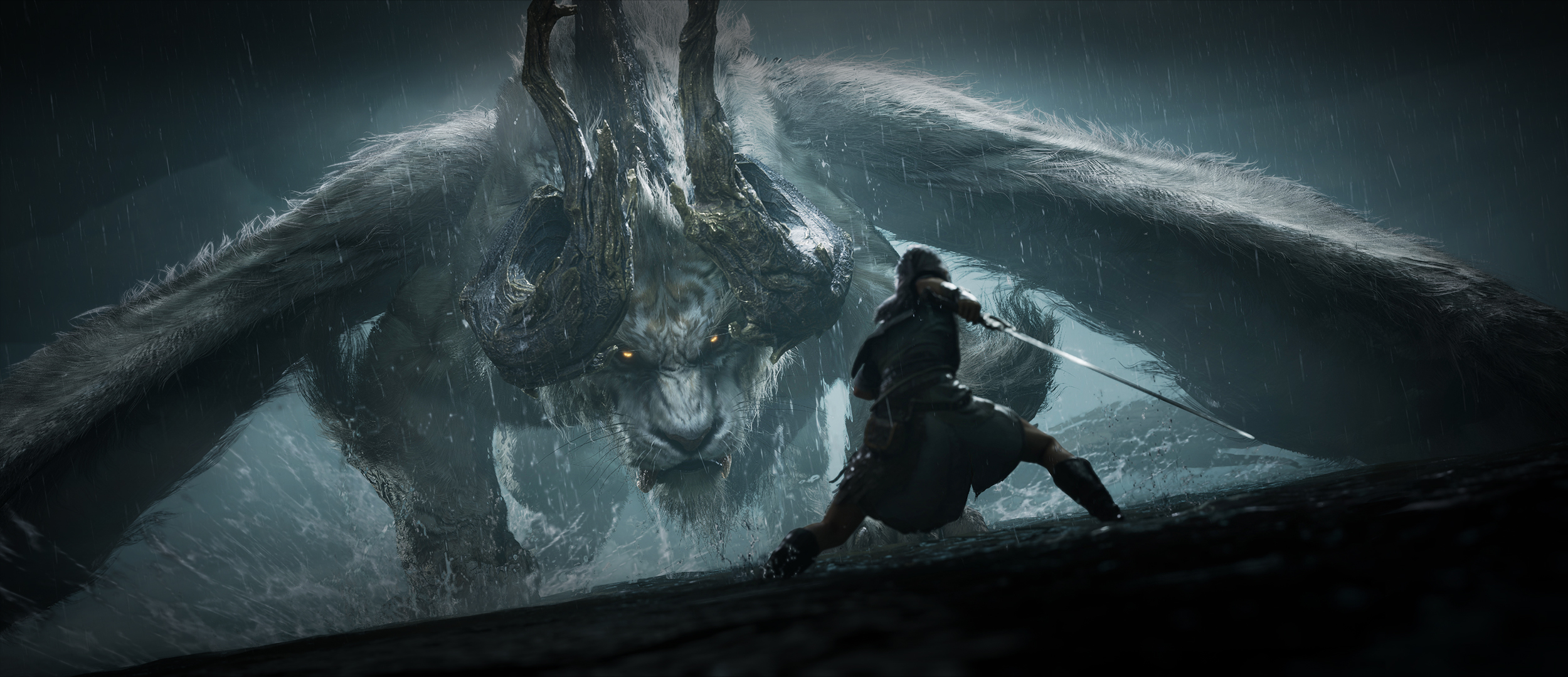Official still of a sword-wielding Weaver facing a giant horned white beast in rain, used for Face Mighty Foes, Reweave the Miracle.