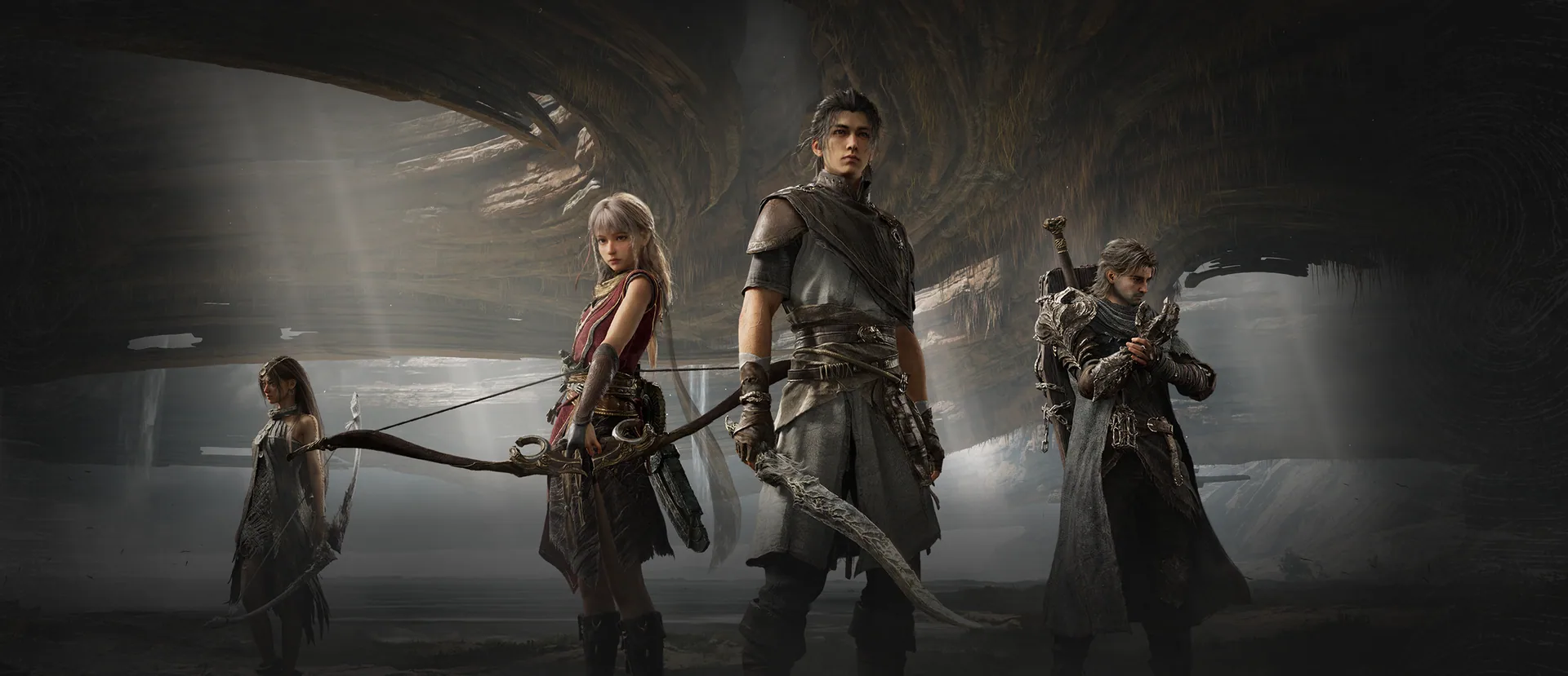 Official still of four armed Weavers standing together in a cavern, used for Stand Together, Break the Deadlock.