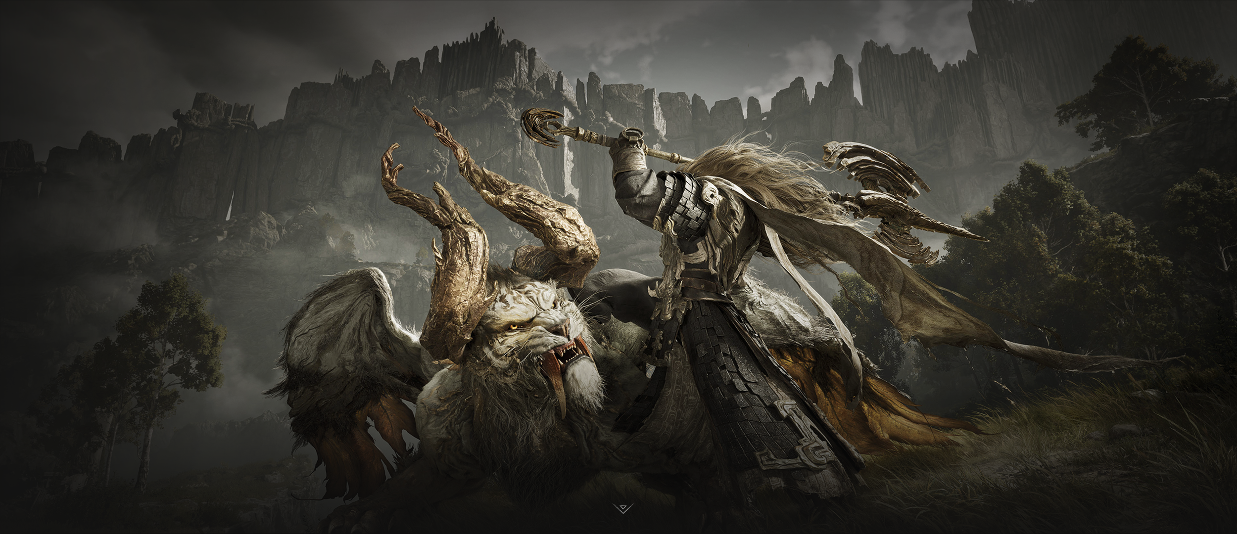 Official still of a dual-axe Weaver standing over a felled horned beast before cliff ruins, used for Seize Their Power, Shatter Their Might.
