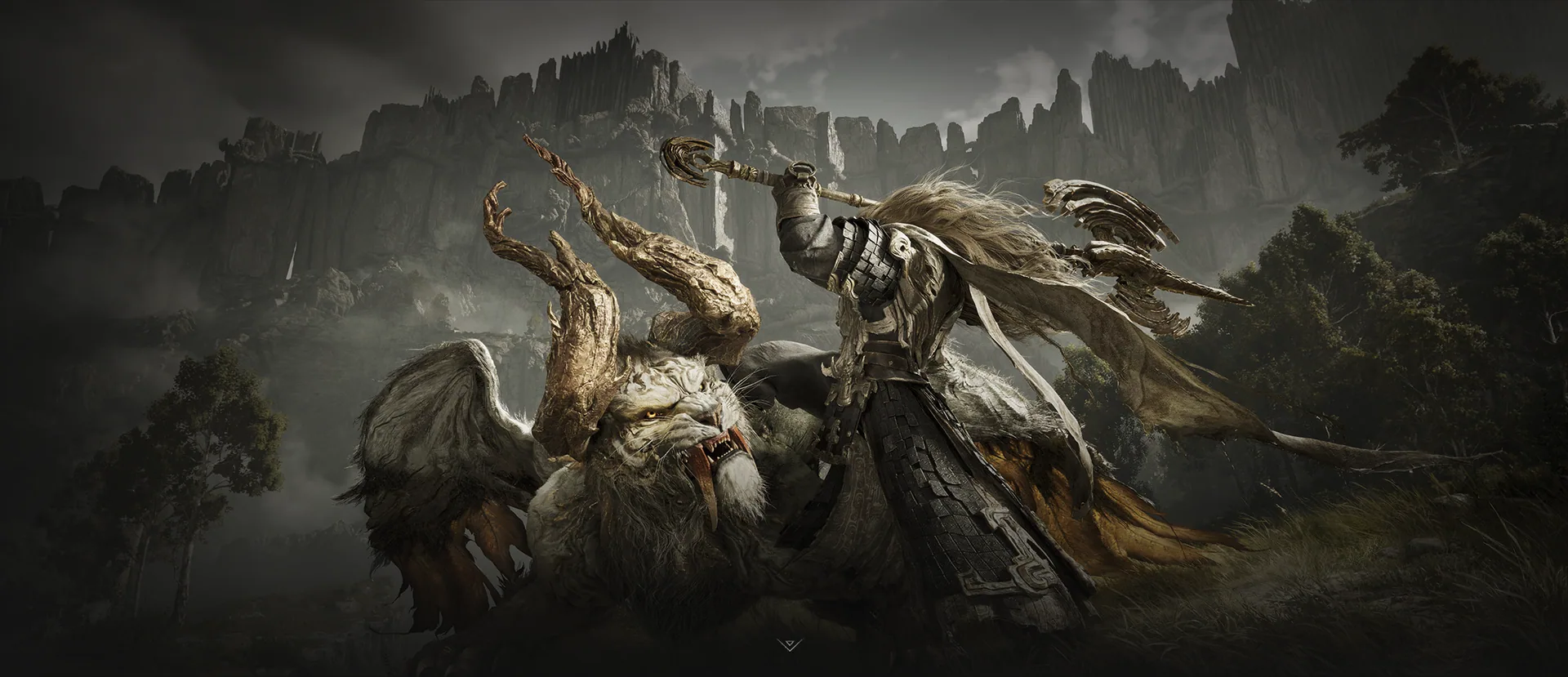 Official still of a dual-axe Weaver standing over a felled horned beast before cliff ruins, used for Seize Their Power, Shatter Their Might.