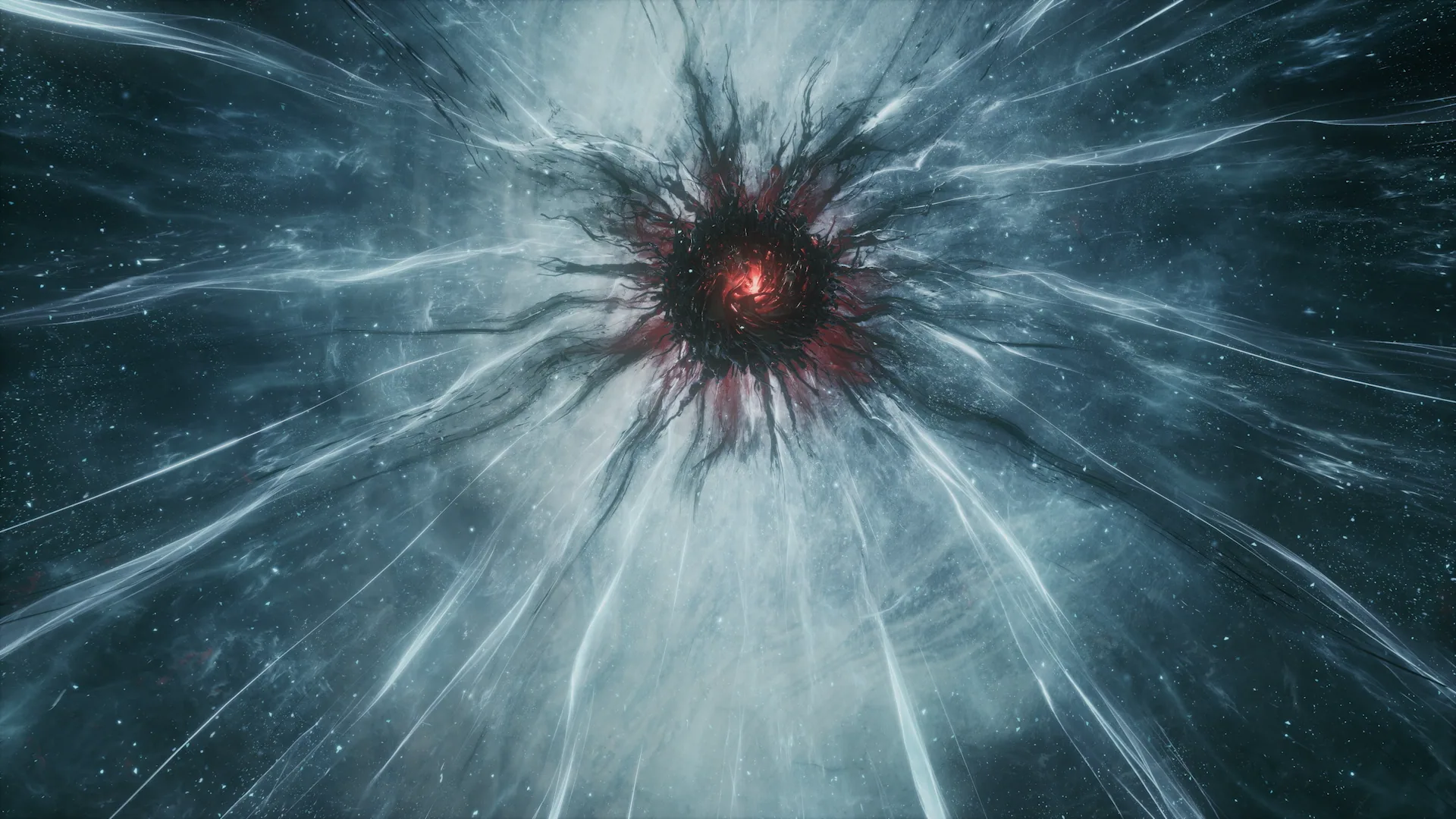 Official KV still of a dark-red cosmic knot radiating pale threads across a star field, used as the Nodusfall homepage video poster.