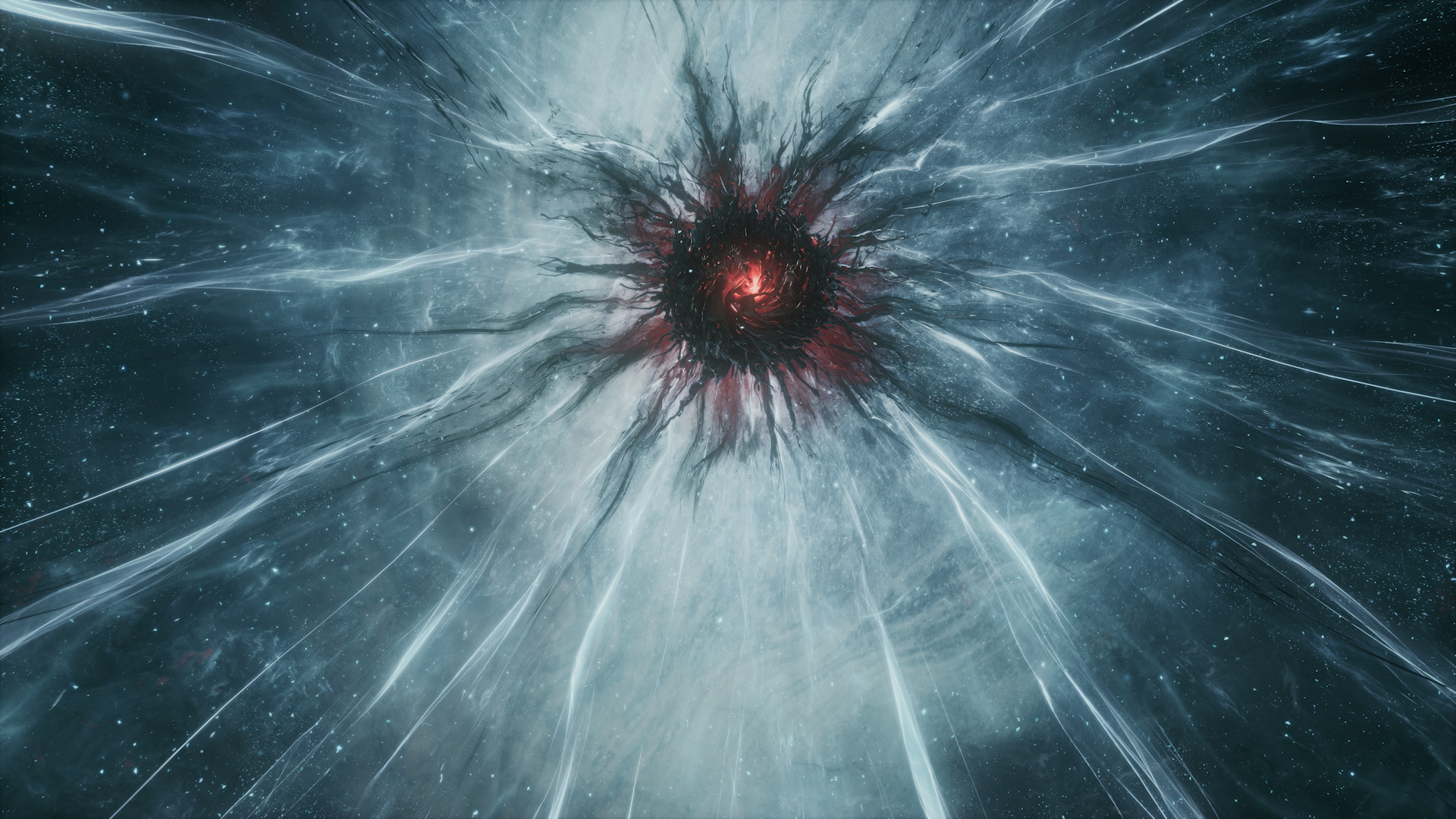 Official KV still of a dark-red cosmic knot radiating pale threads across a star field, used as the Nodusfall homepage video poster.