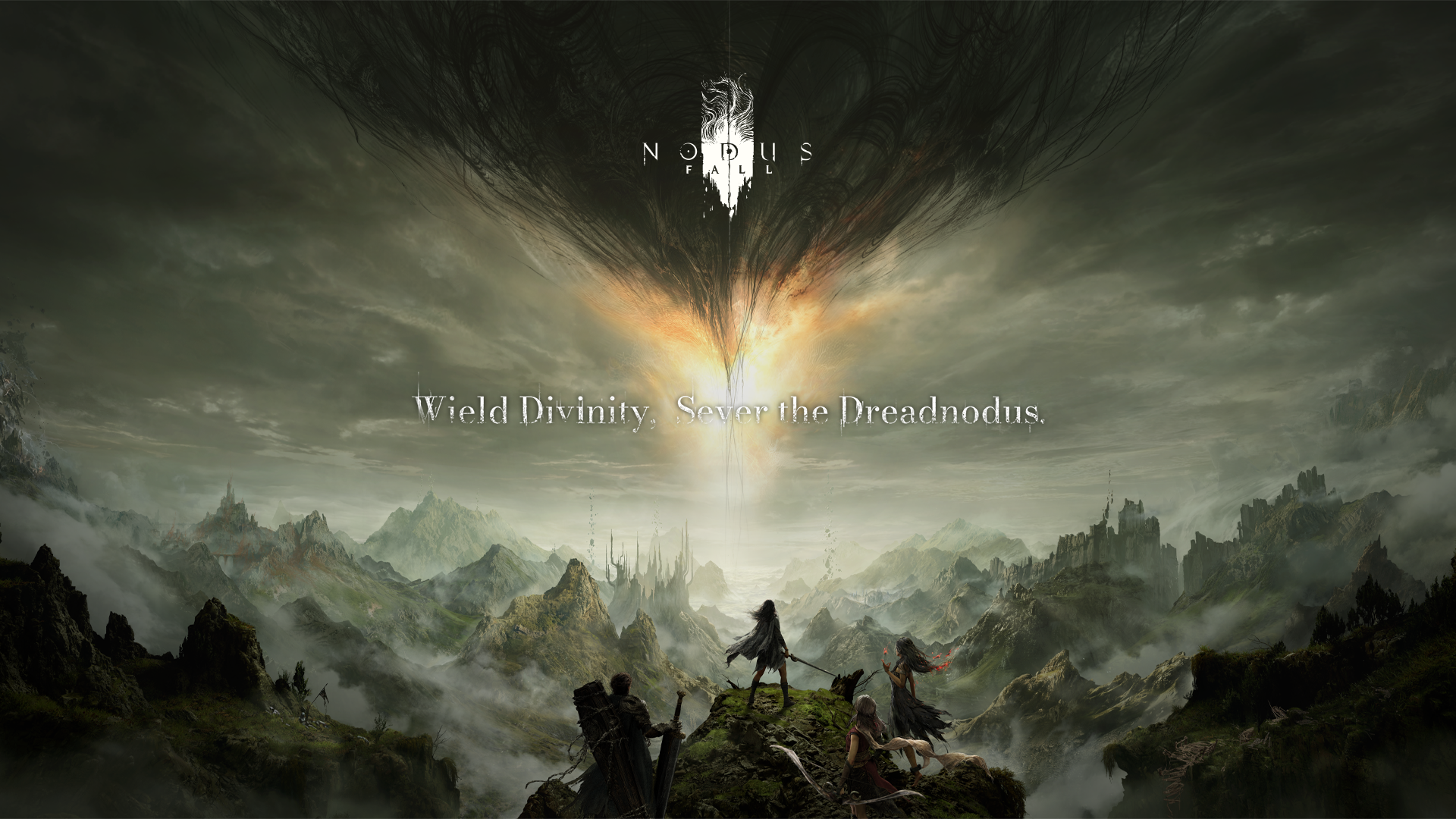 Official key art of four Weavers on a cliff beneath a torn sky, with the stacked NODUS FALL lockup and the slogan Wield Divinity, Sever the Dreadnodus.