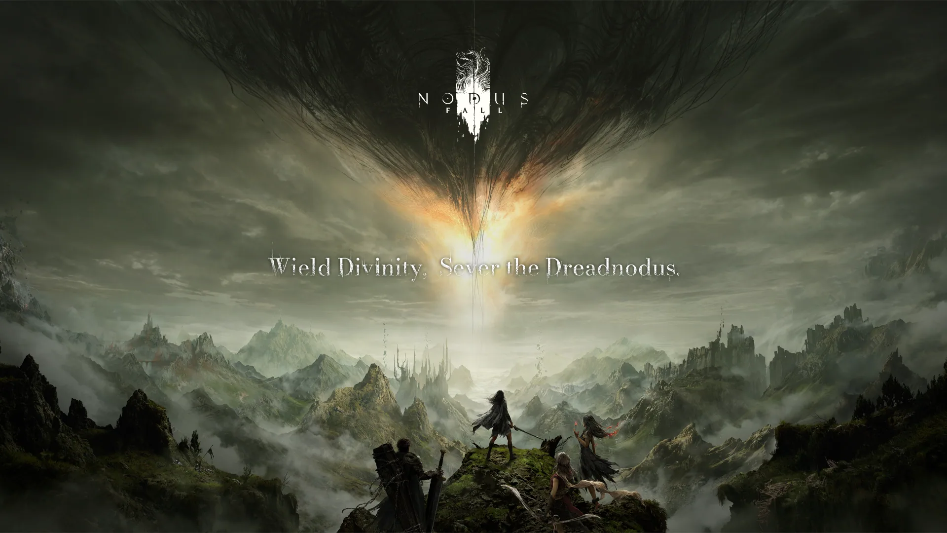 Official key art of four Weavers on a cliff beneath a torn sky, with the stacked NODUS FALL lockup and the slogan Wield Divinity, Sever the Dreadnodus.