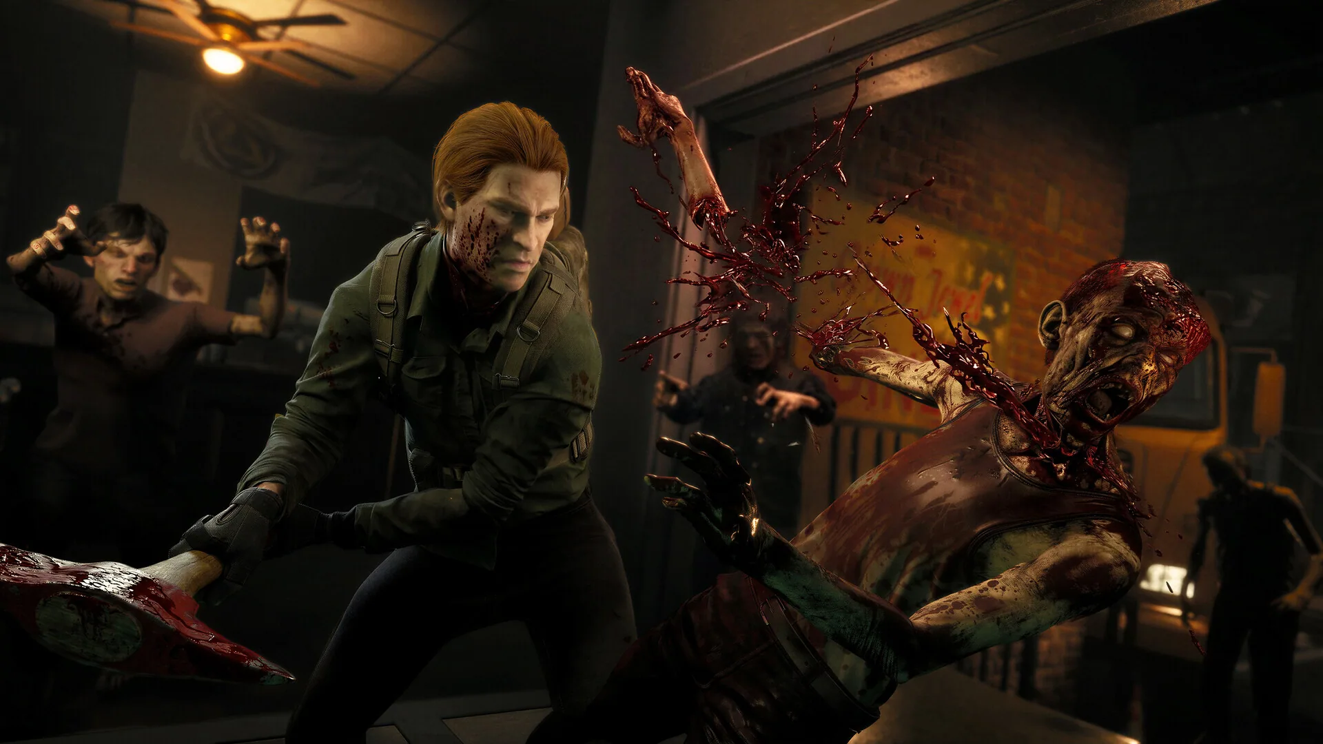 Official Steam screenshot of a bloodied Responder swinging a fire axe into a zombie inside a diner while other undead close in.