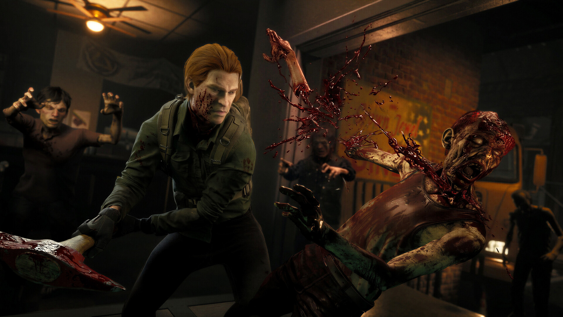 Official Steam screenshot of a bloodied Responder swinging a fire axe into a zombie inside a diner while other undead close in.