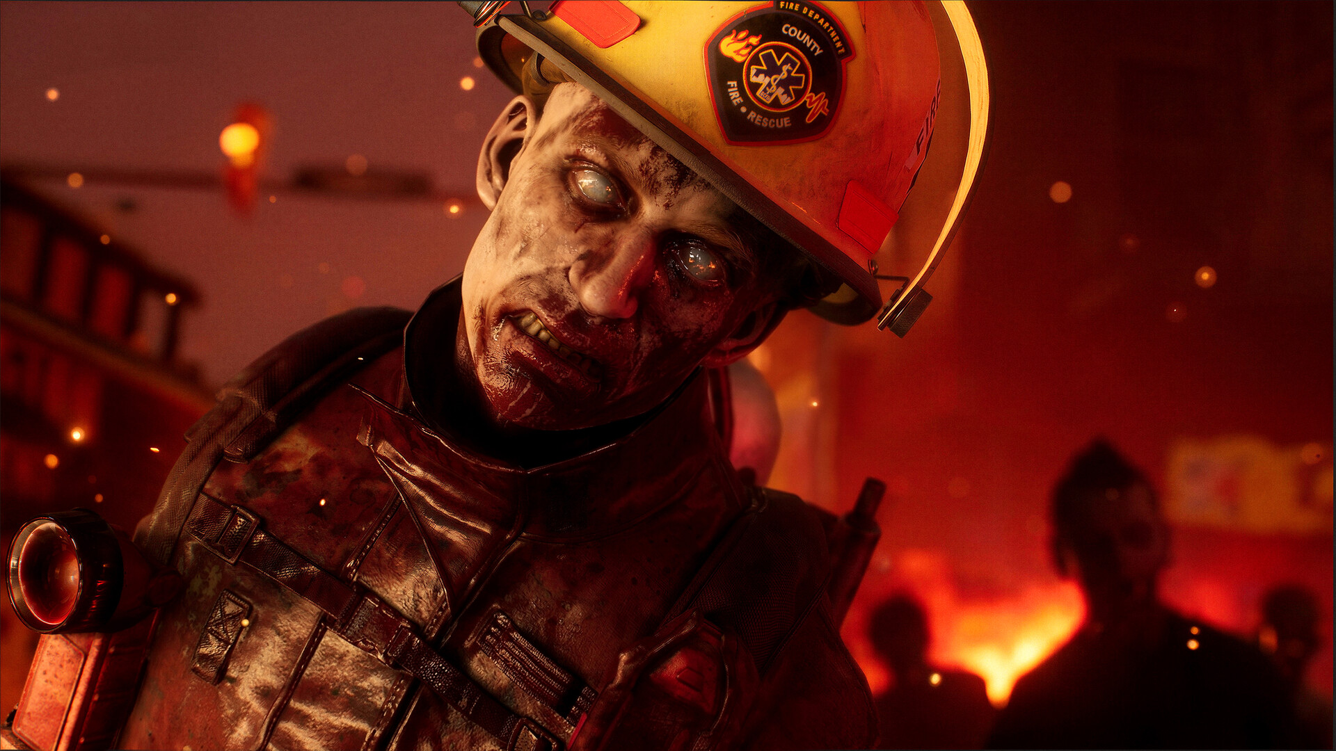 Official Steam close-up of a decayed firefighter zombie in a County Fire Rescue helmet against a burning street.