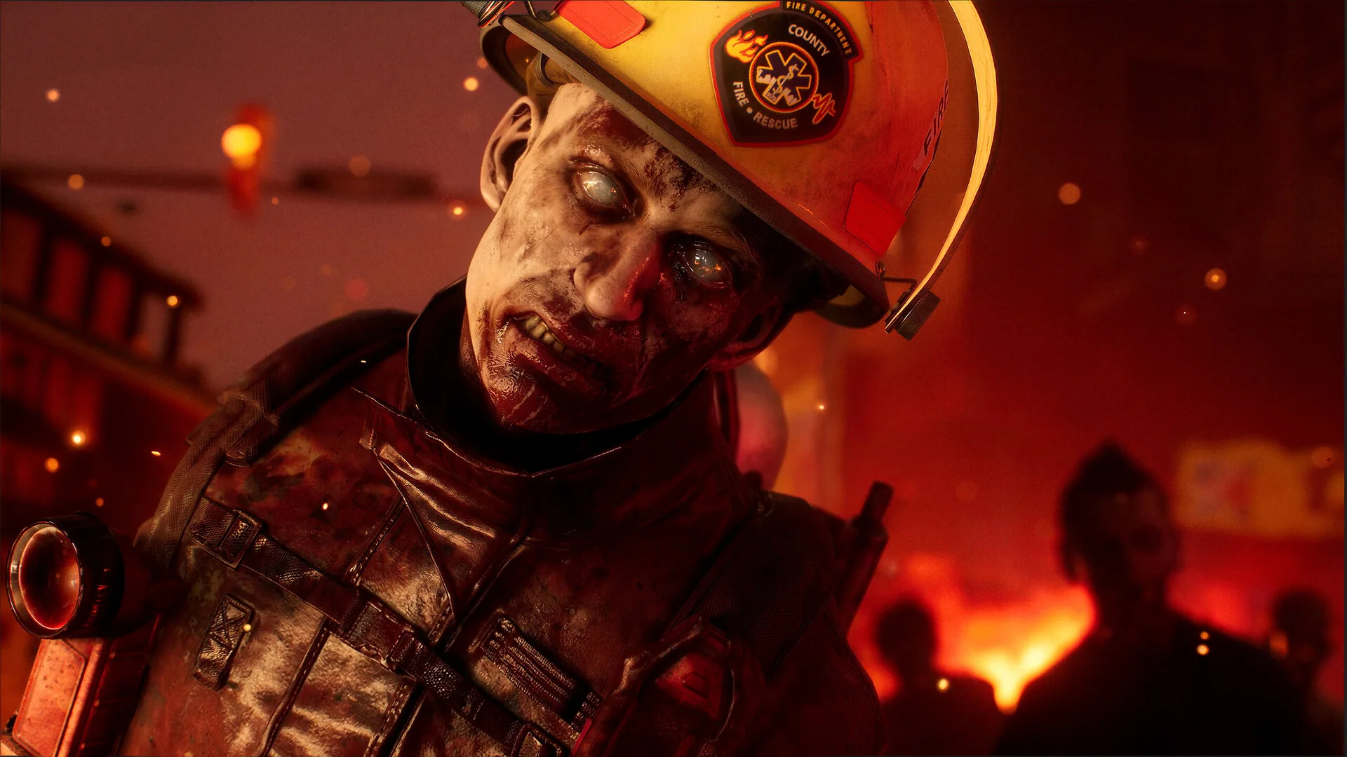 Official Steam close-up of a decayed firefighter zombie in a County Fire Rescue helmet against a burning street.