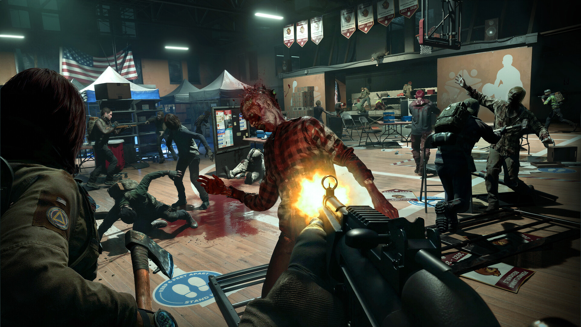 Official Steam first-person screenshot of Responders fighting zombies on a high-school gym basketball court used as a shelter.