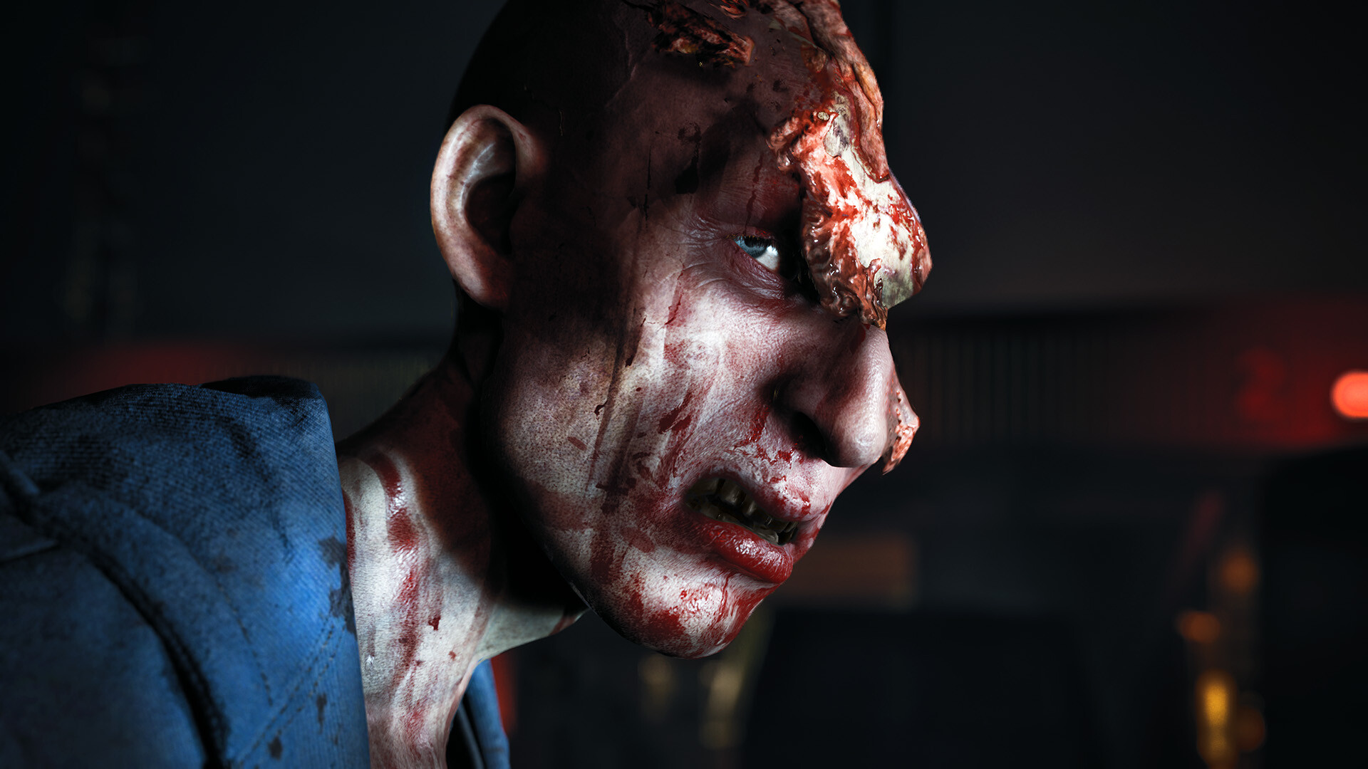 Official Steam close-up of a bald zombie with a large head wound, showing the game’s gore and infection look.