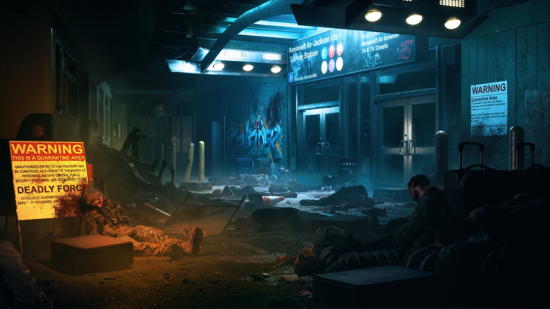 Official Steam screenshot of a quarantined Roosevelt Av-Jackson Hts subway entrance with bodies, luggage, and deadly-force warning signs.