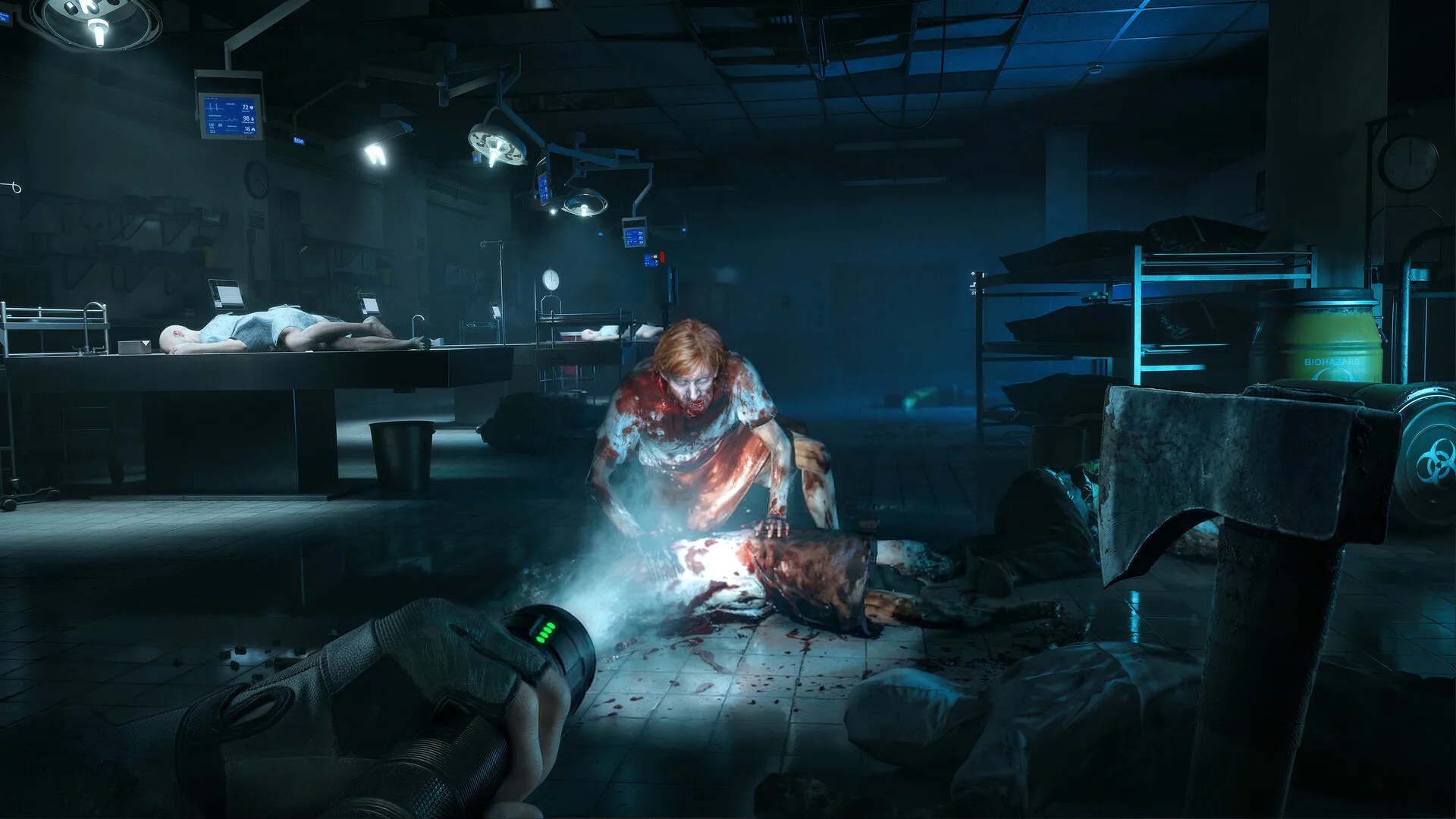 Official Steam screenshot of a dark hospital morgue where a bloodied figure crouches over a body under a flashlight, with a fire axe in the foreground.