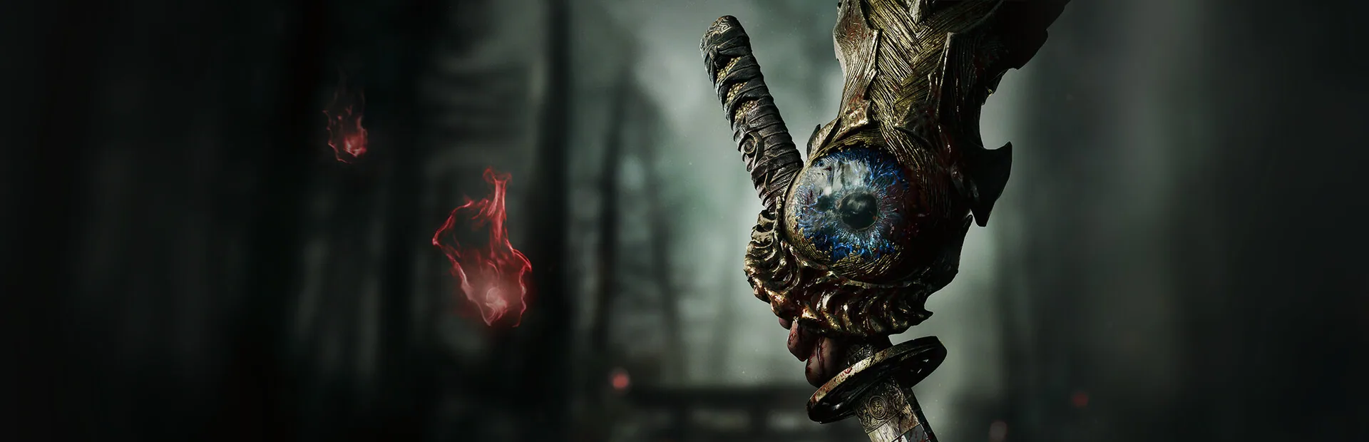 Steam library hero: the eyed Oni Gauntlet fused to a sword with red soul wisps on a dark ground