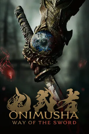 Steam portrait capsule: Oni Gauntlet-sword with a blue eye above the ONIMUSHA WAY OF THE SWORD logo