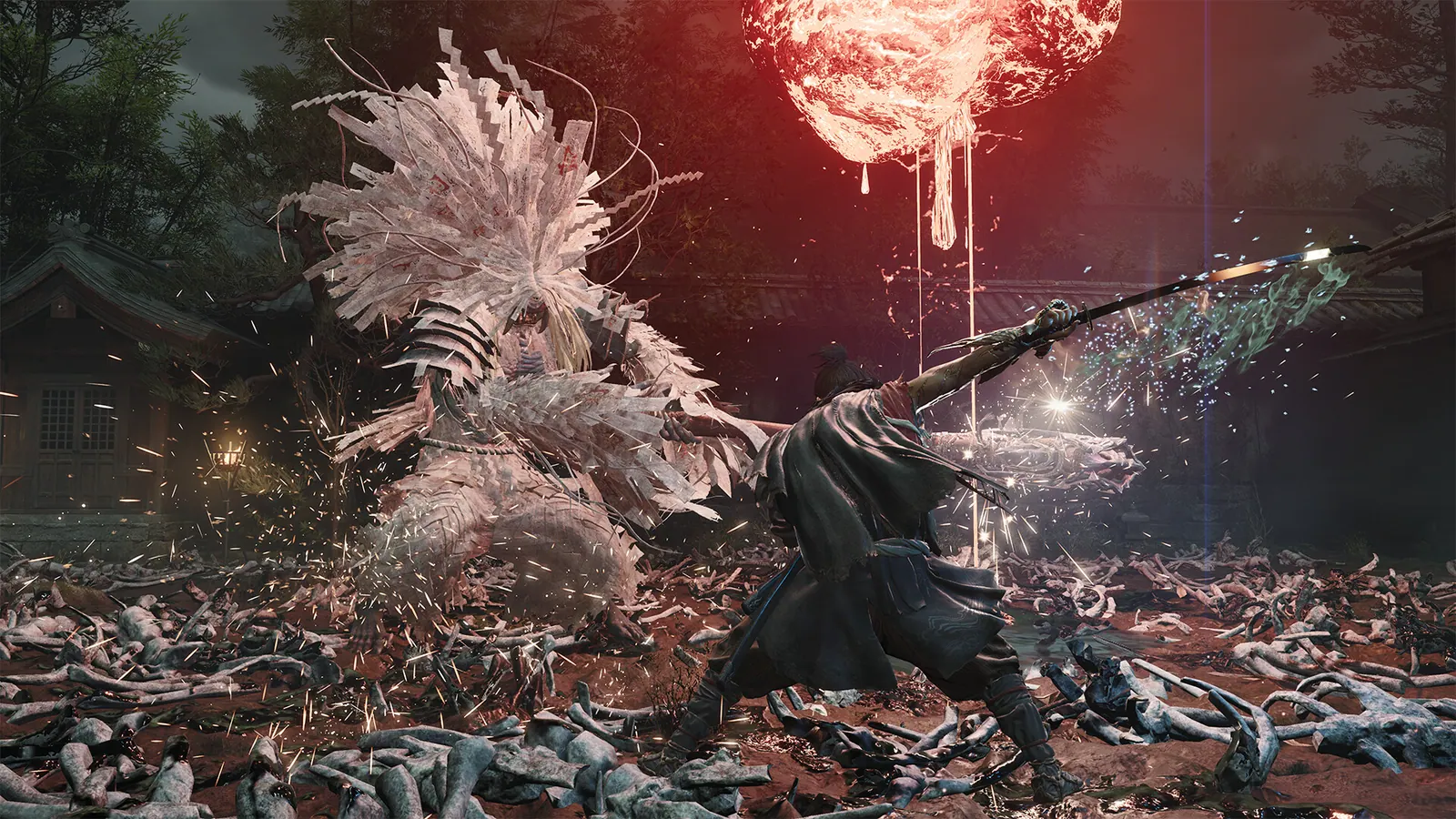 Miyamoto Musashi faces a towering white-bristled Genma in a bone-strewn courtyard under a red orb
