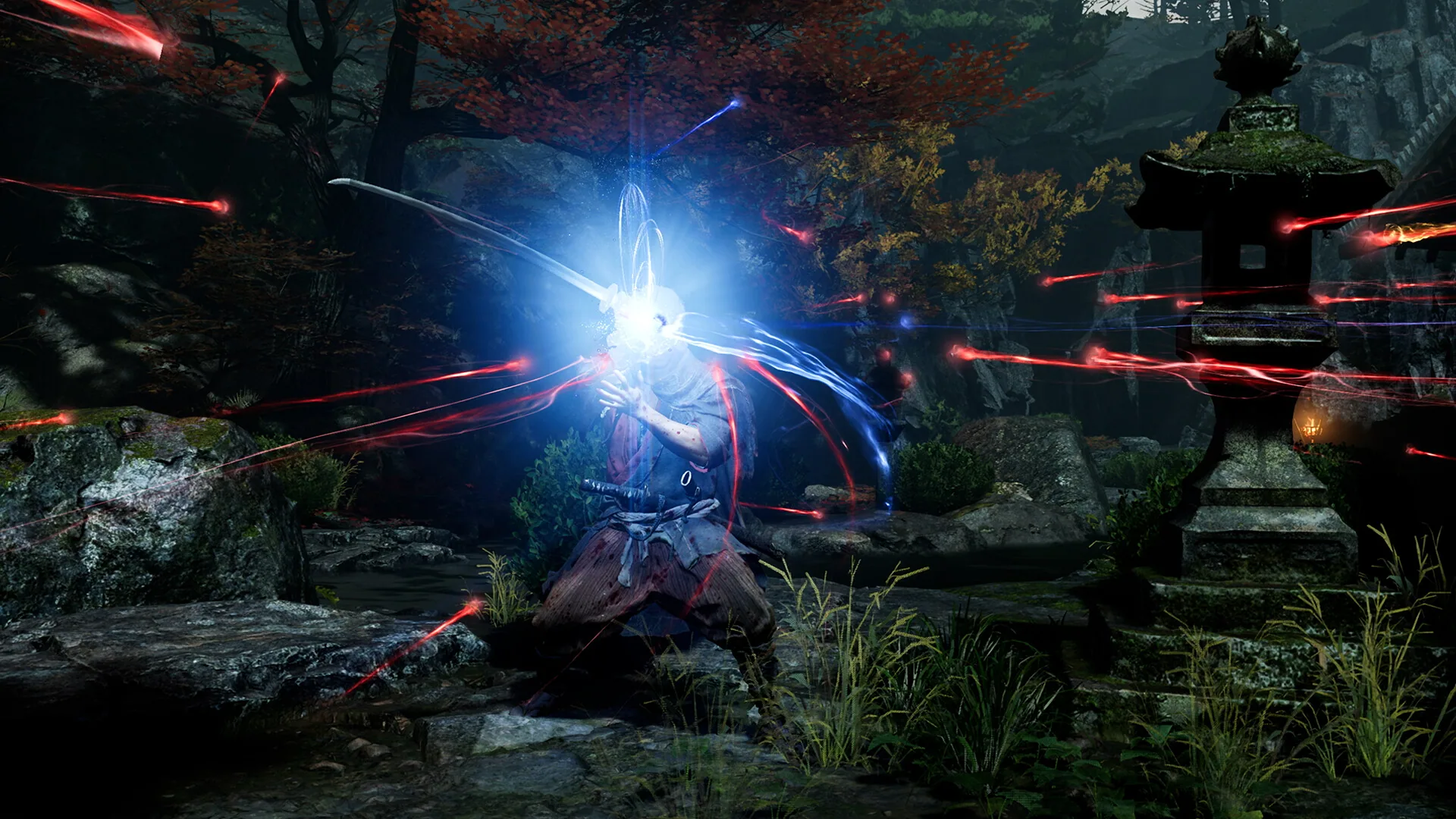 Musashi in a maple shrine garden wrapped in blue Oni energy and red threads