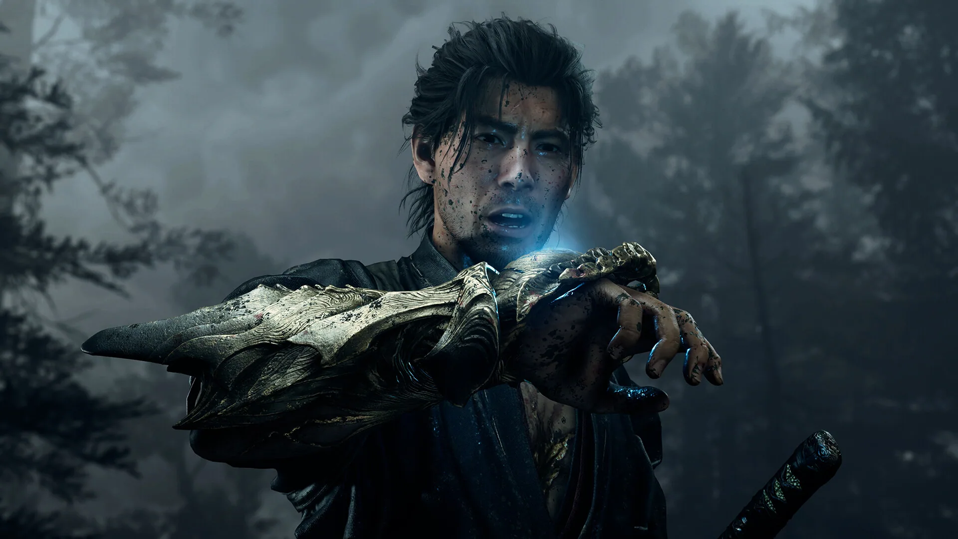 Close-up of Musashi thrusting the metallic Oni Gauntlet forward, dirt on his face, forest behind him