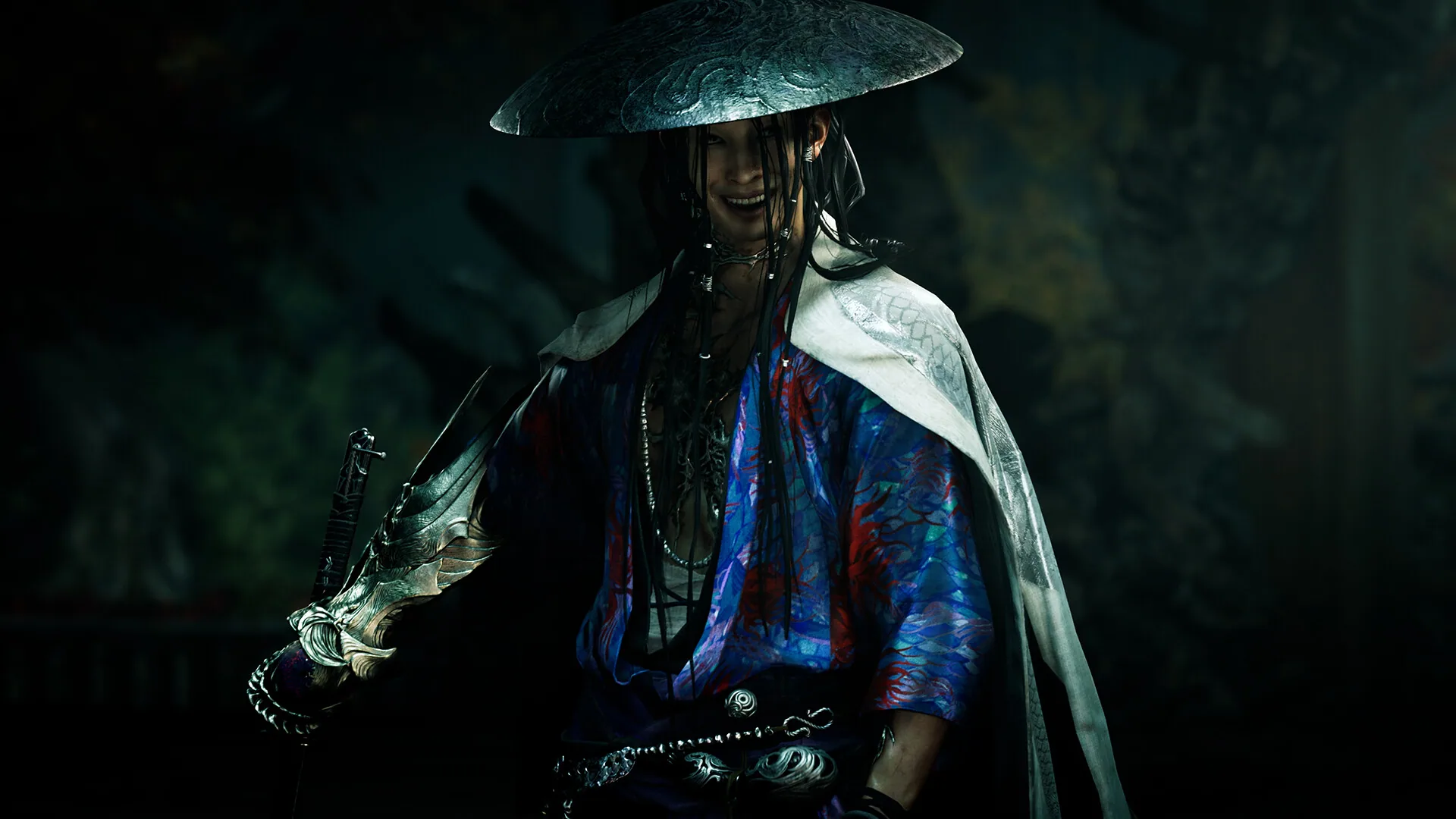 Grinning long-haired swordsman in a kasa hat, blue kimono and white cape — official Sasaki Ganryu screenshot