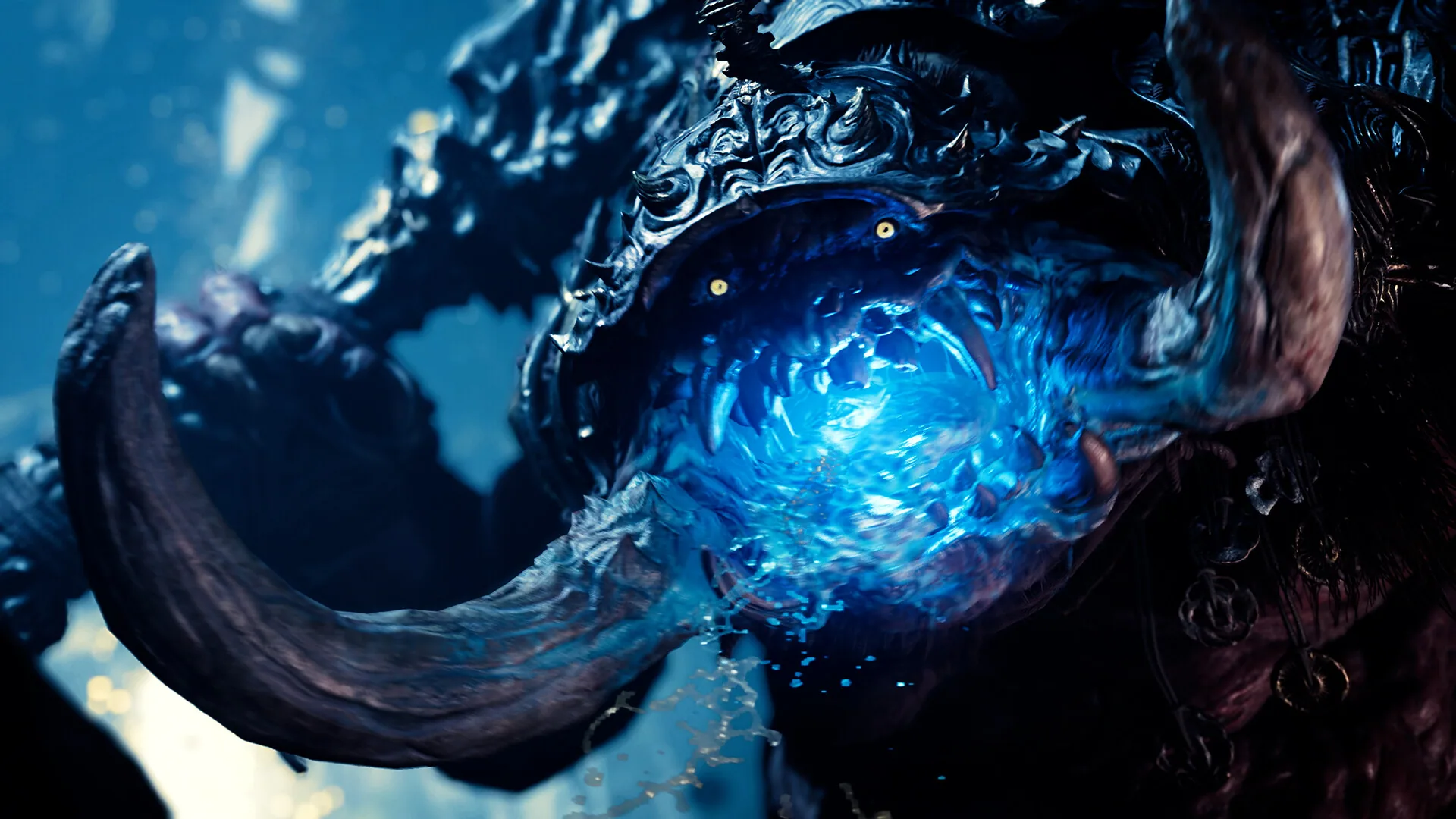 Close-up of a horned Genma face with a swirling blue maw between curved tusks