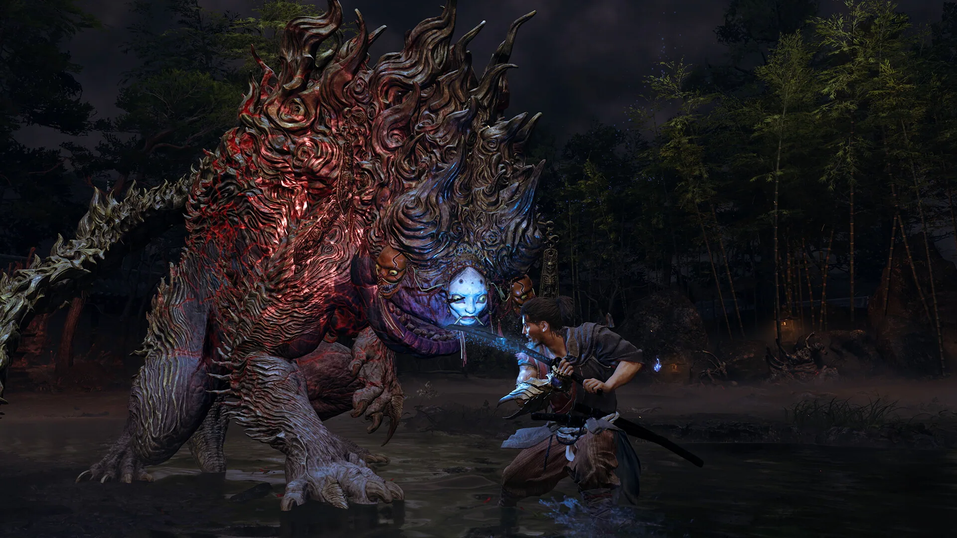Musashi kneels in water before a massive red-scaled Genma with a pale mask-like face