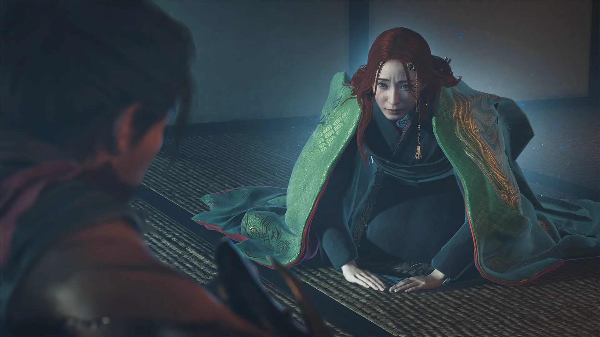 Red-haired woman in a green kimono kneels on tatami facing Musashi — official Oni Lady screenshot