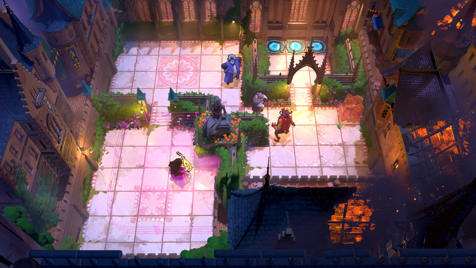 Overhead courtyard with pink tiles, stained glass, and the party