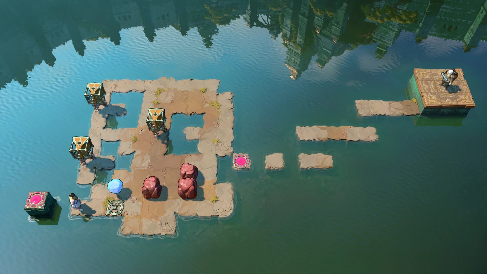 Screenshot of several heroes together in a puzzle room