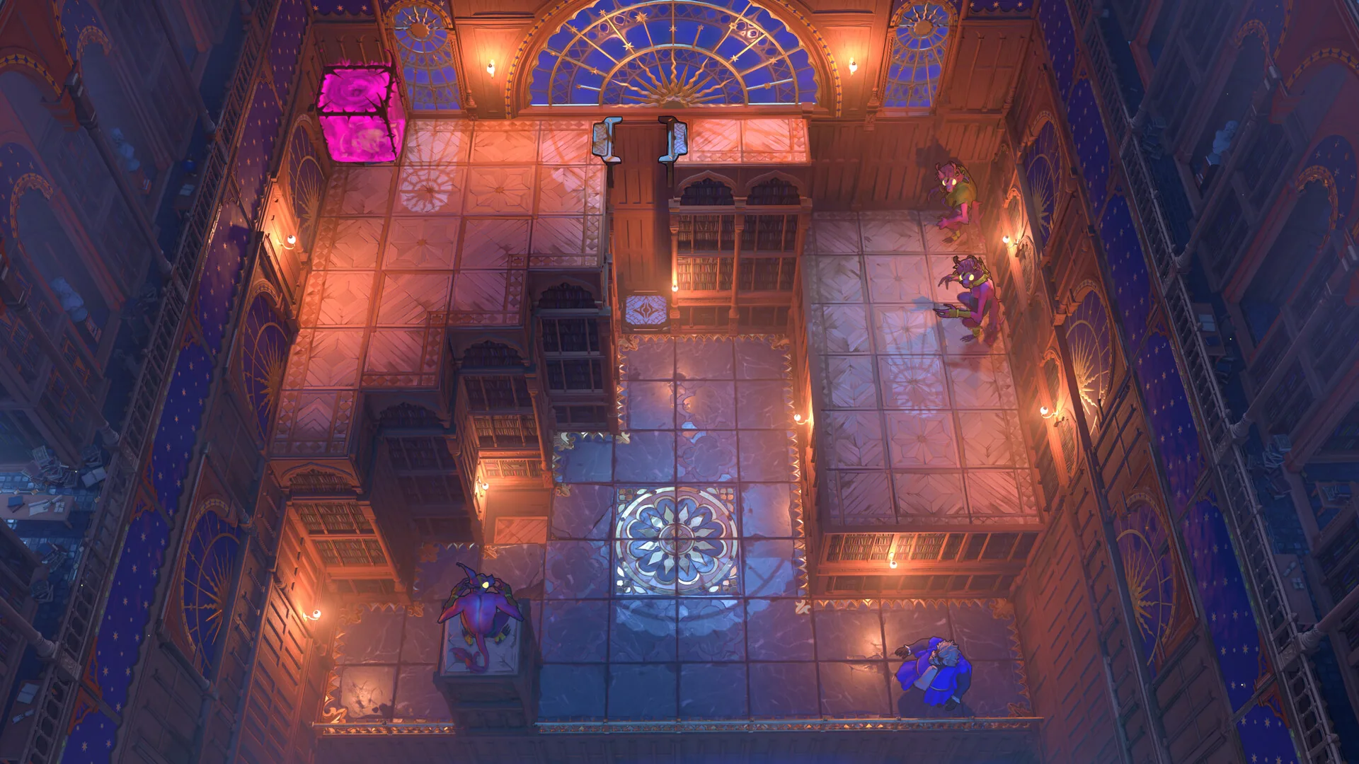 Screenshot of heroes in a quieter puzzle space