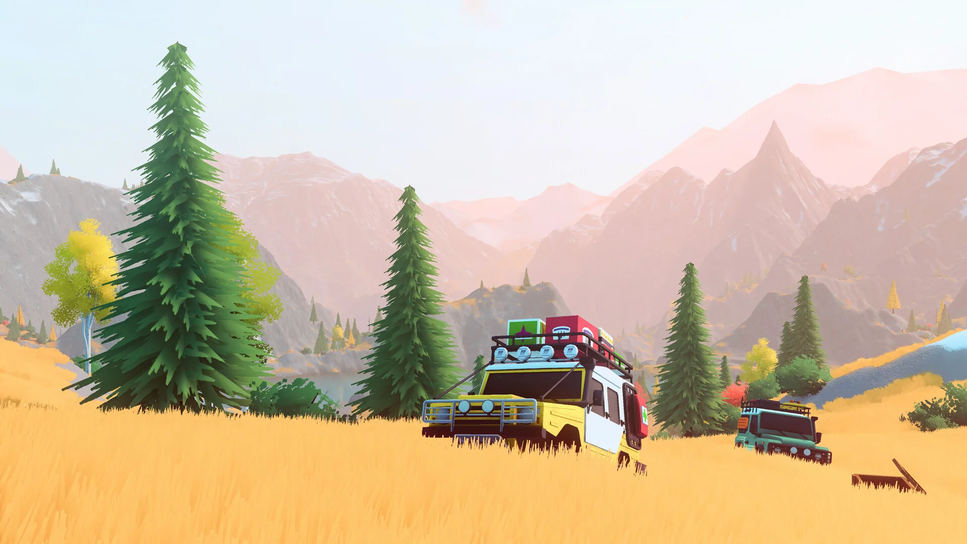 A low-poly 4x4 in golden grass