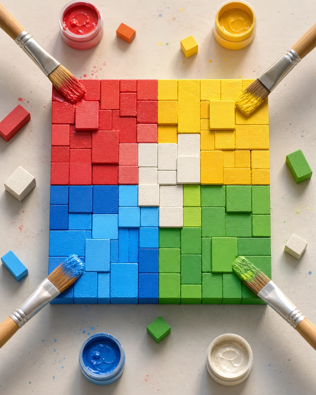 Original guide artwork showing four brushes working on one colorful block canvas