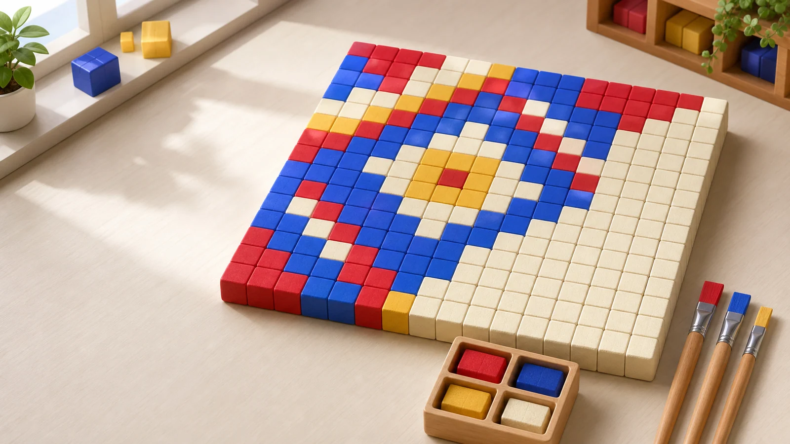 Original guide artwork of a colorful block canvas on a studio table