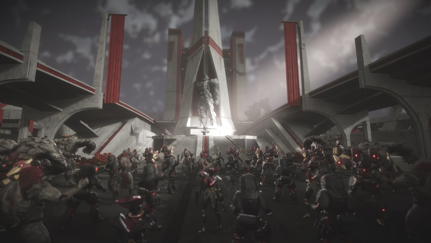 Pax Autocratica store background showing a central monument, red banners and a crowd of armored figures.