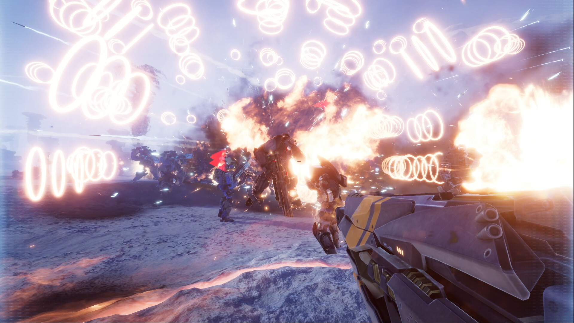 Pax Autocratica screenshot of a large battlefield filled with bright circular projectiles and mechanized units.