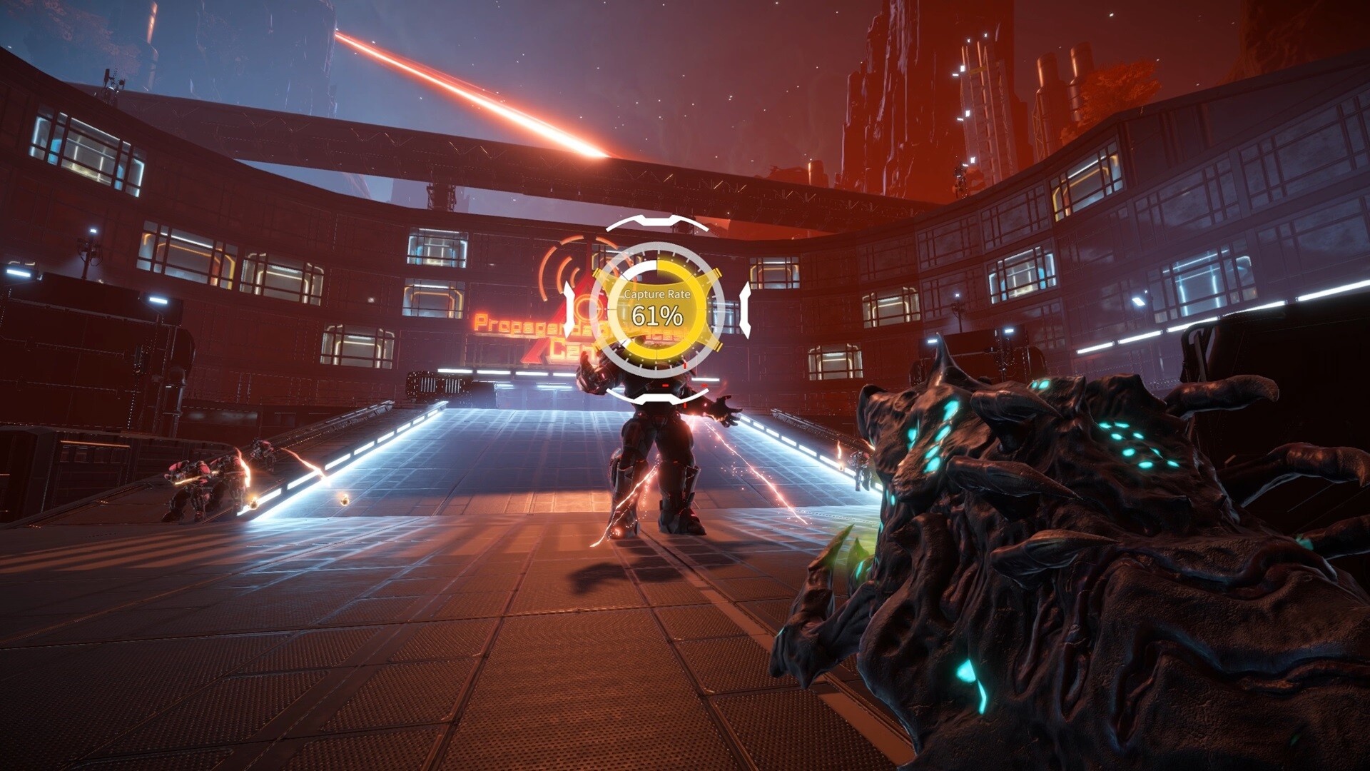 Pax Autocratica screenshot of a red-lit battle scene with a capture-rate indicator and an enemy target.