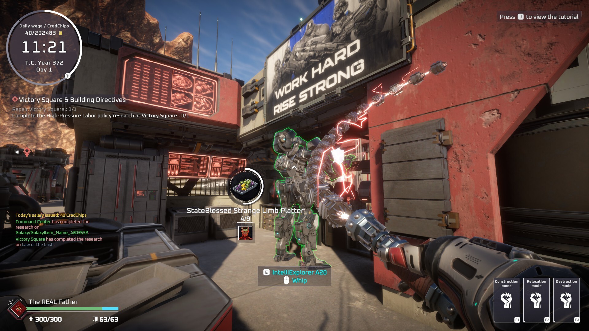 Pax Autocratica screenshot of a first-person base view with Victory Square and building directives on screen.