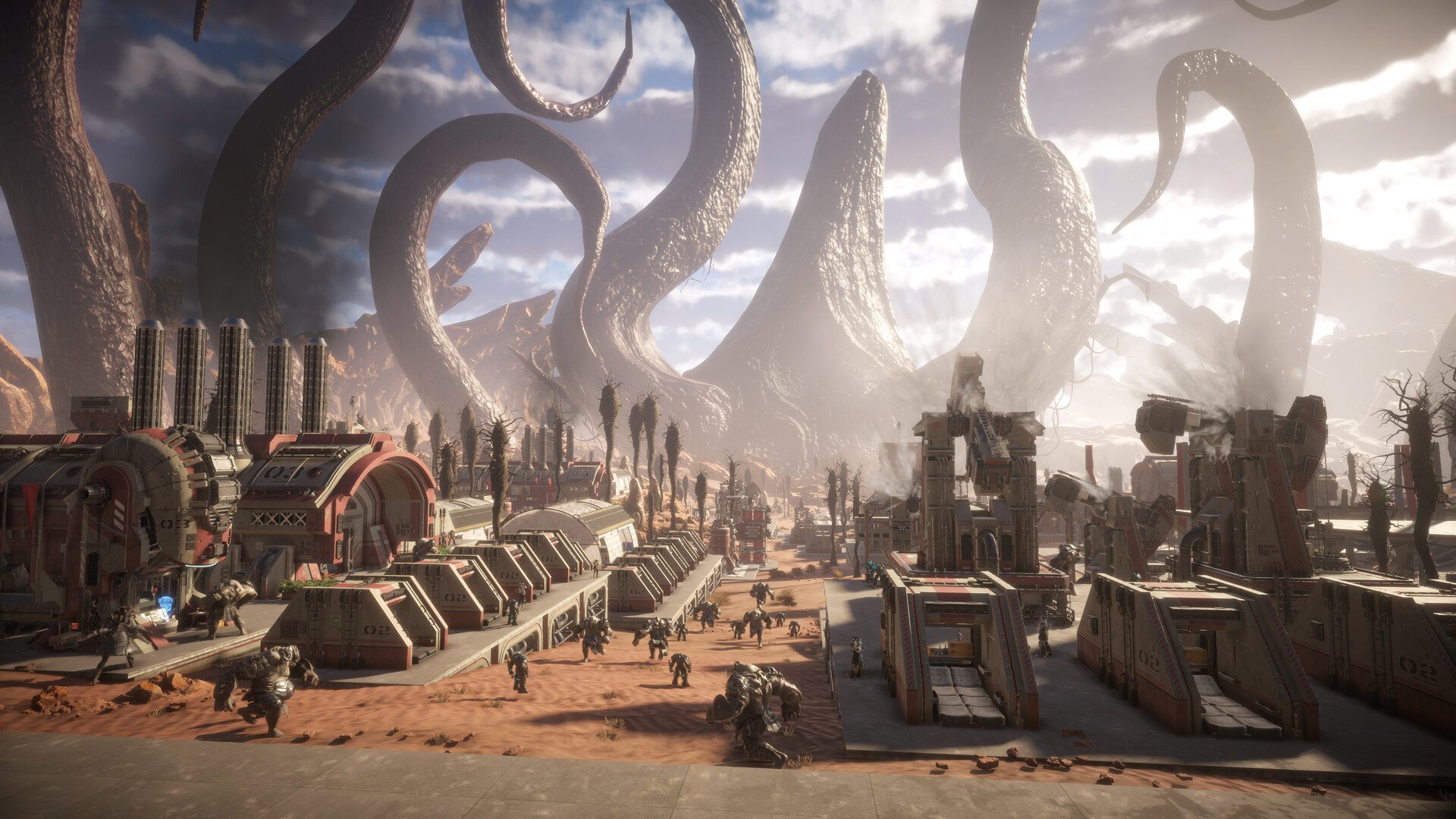 Pax Autocratica screenshot of a large colony with buildings on a red alien landscape.