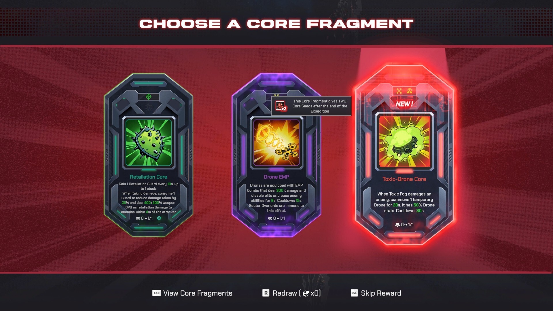 Pax Autocratica screenshot of a core fragment selection screen showing three core cards.