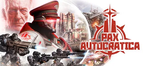 Pax Autocratica Steam header artwork with the game logo, a red-uniformed officer, armored soldiers and a futuristic city.