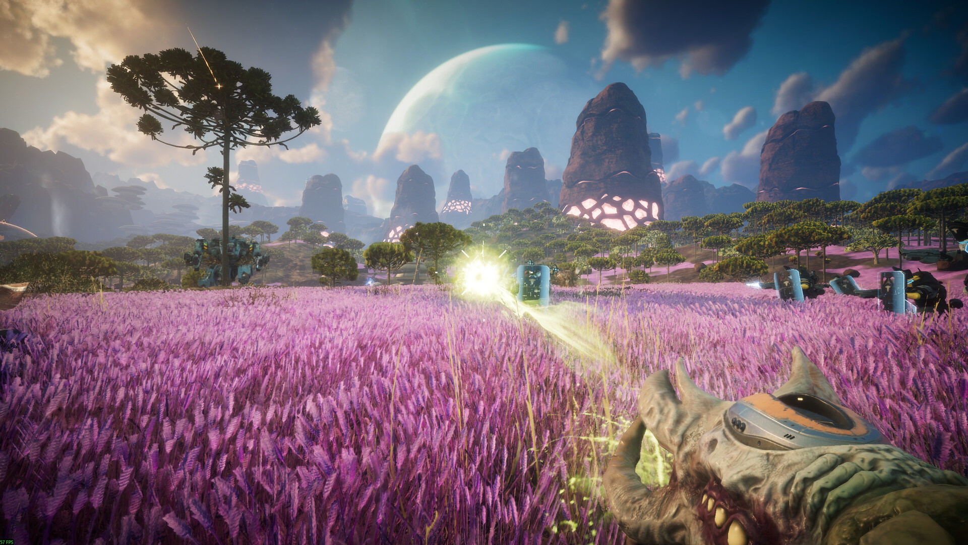 Official Pax Autocratica Steam screenshot showing a purple alien field, futuristic units and towering illuminated rock structures under a giant planet.