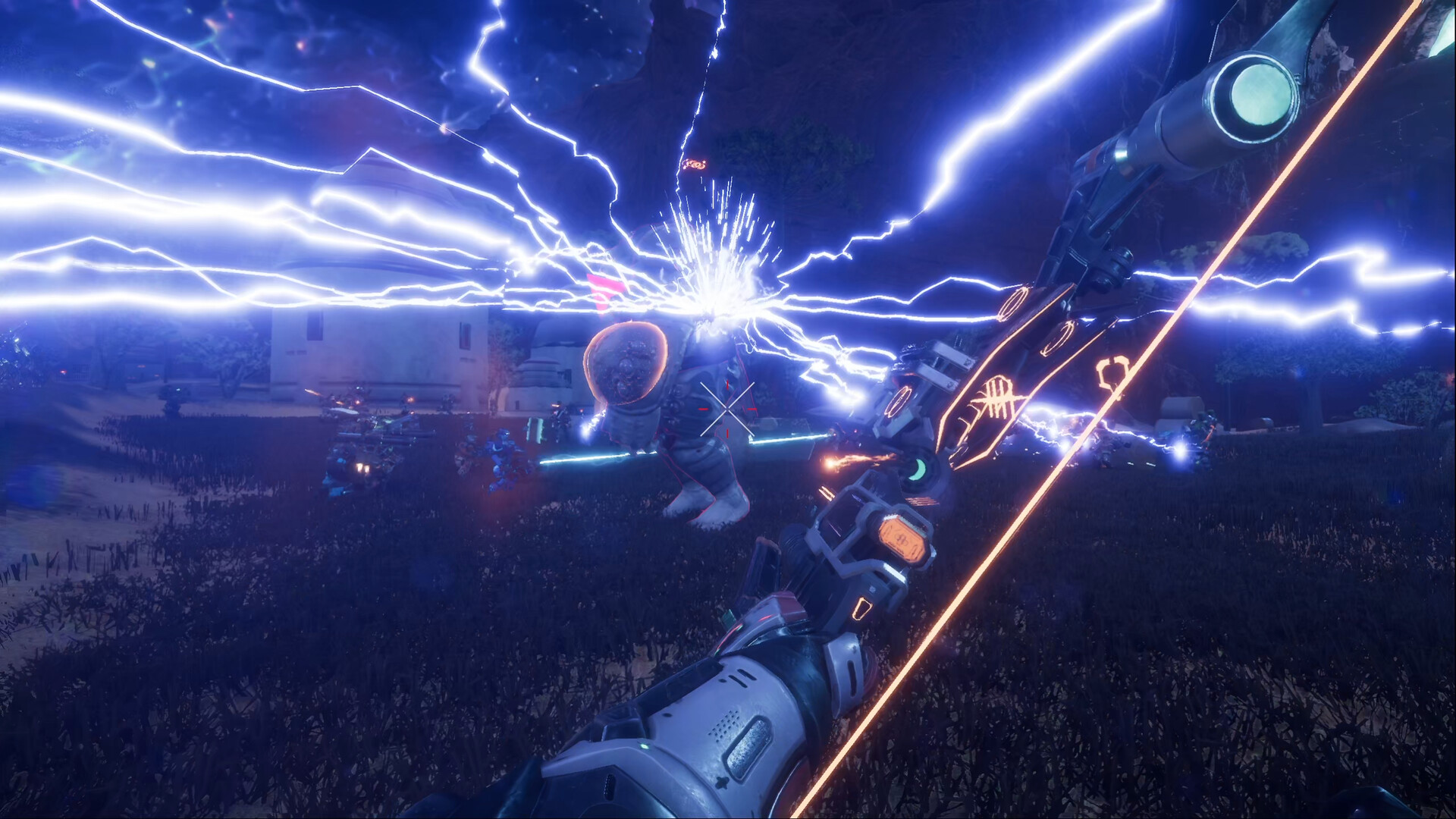 Pax Autocratica gameplay screenshot showing a first-person armored character firing amid bright lightning and a large weapon.